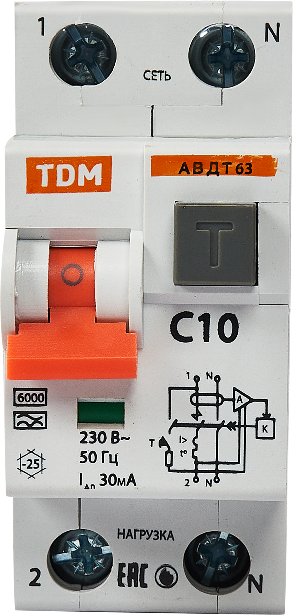 Дифференциальный автомат Tdm Electric АВДТ-63 2P C10 A 30 мА 6 кА AС SQ0202-0001 - 1