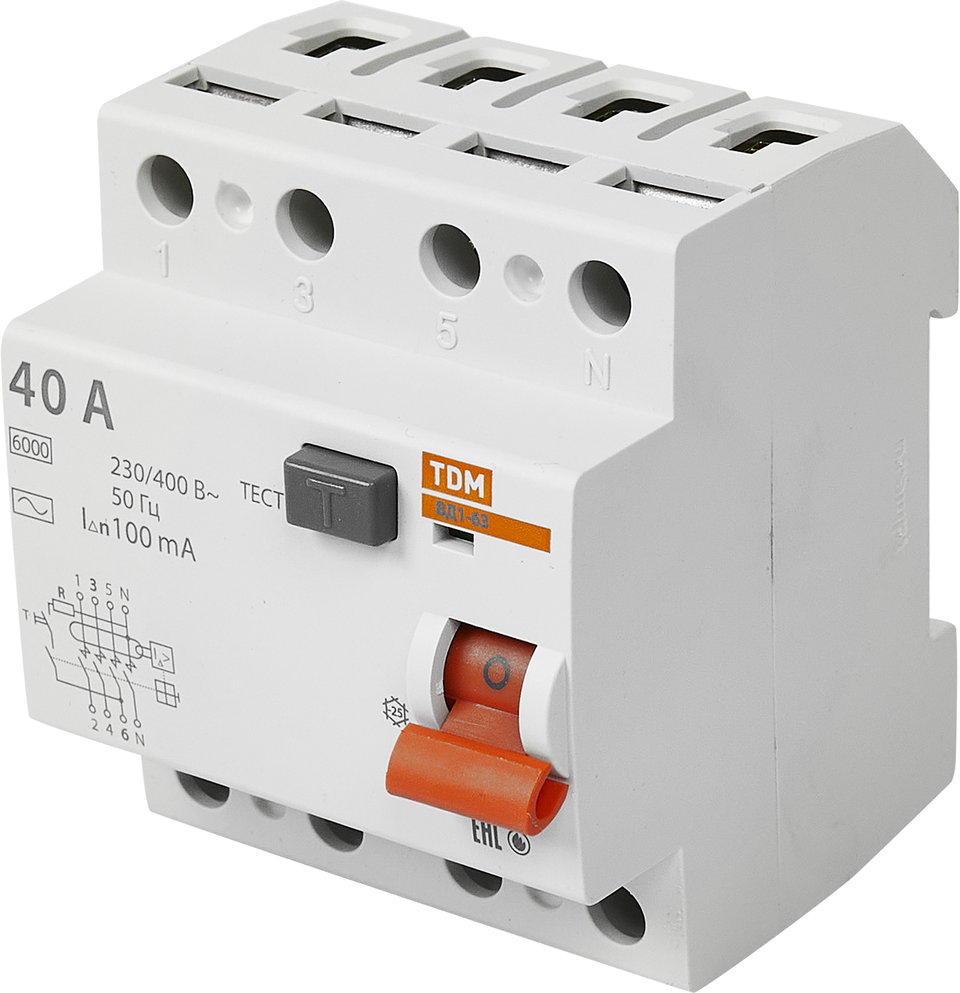 Изображение товара УЗО TDM Electric ВД1-63 4P 40A 100мА 4.5кА AC защитное устройство
