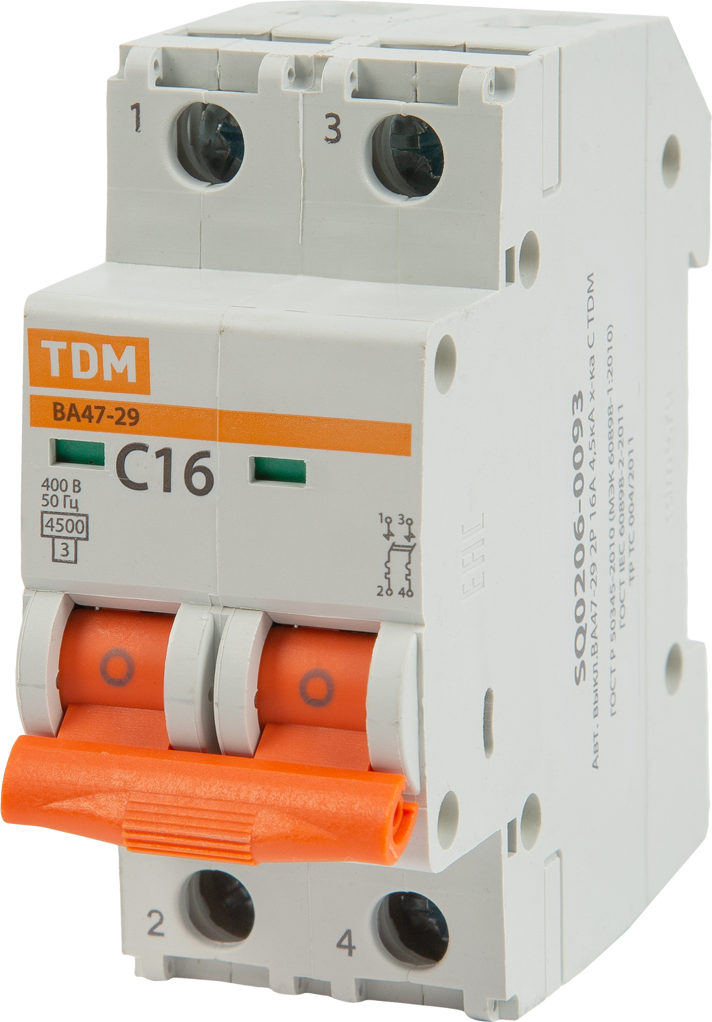 Автоматический выключатель TDM Electric ВА47-29 2P C16 А 4.5 кА SQ0206-0093