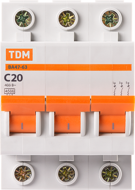 Изображение товара Автоматический выключатель TDM Electric ВА47-63 3P 20А 4,5 кА SQ0218-0020