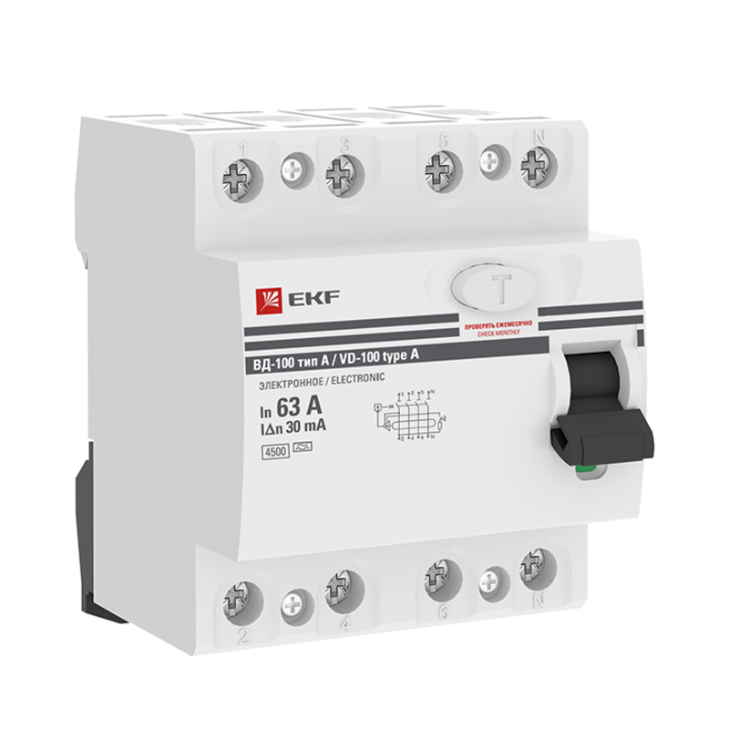 Изображение товара УЗО EKF PROxima ВД-100 4P 63 A 30 мА 4.5 кА AC elcb-4-63-30-e-a-pro