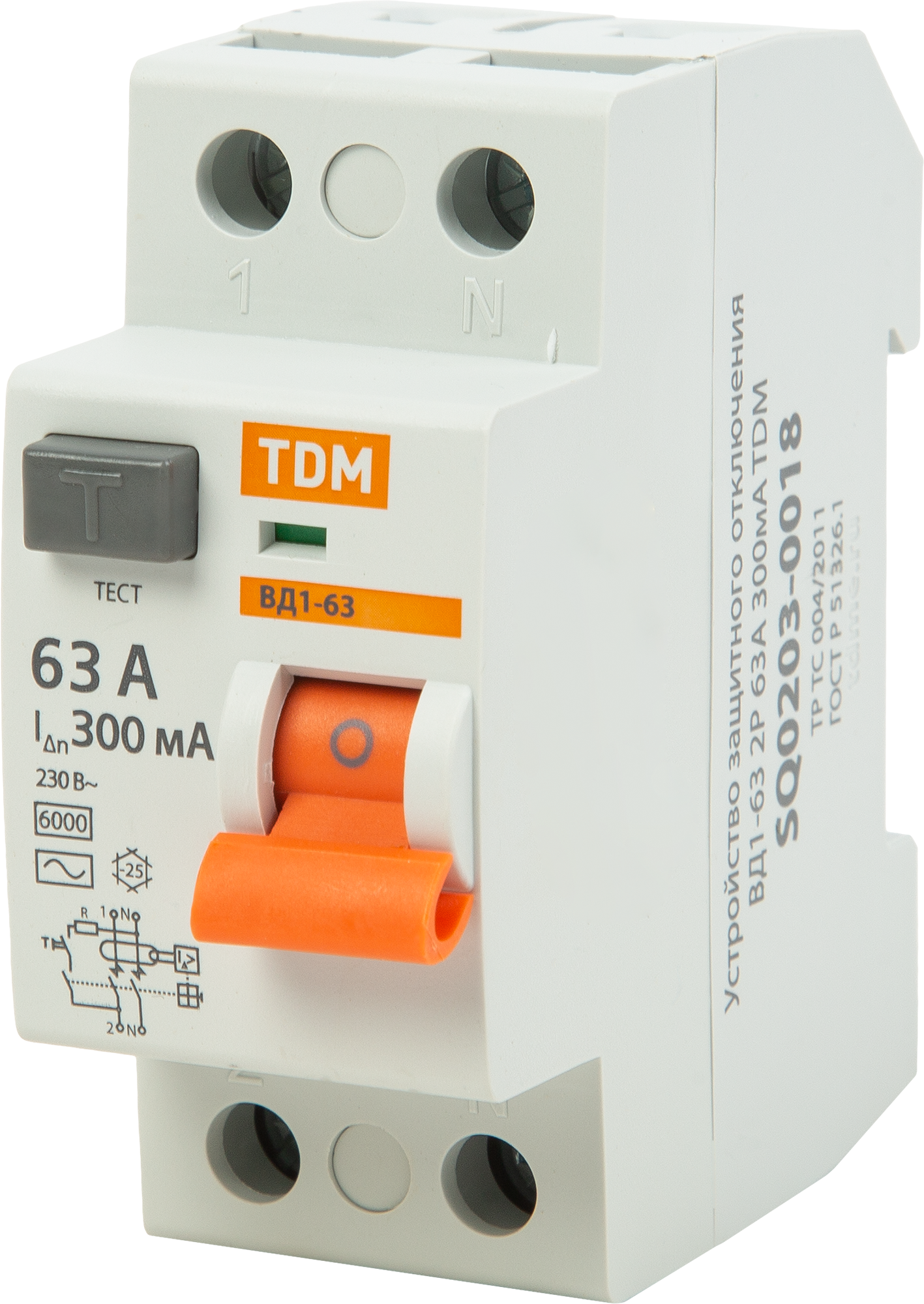Изображение товара УЗО TDM Electric ВД1-63 на 63A с током утечки 300 мА