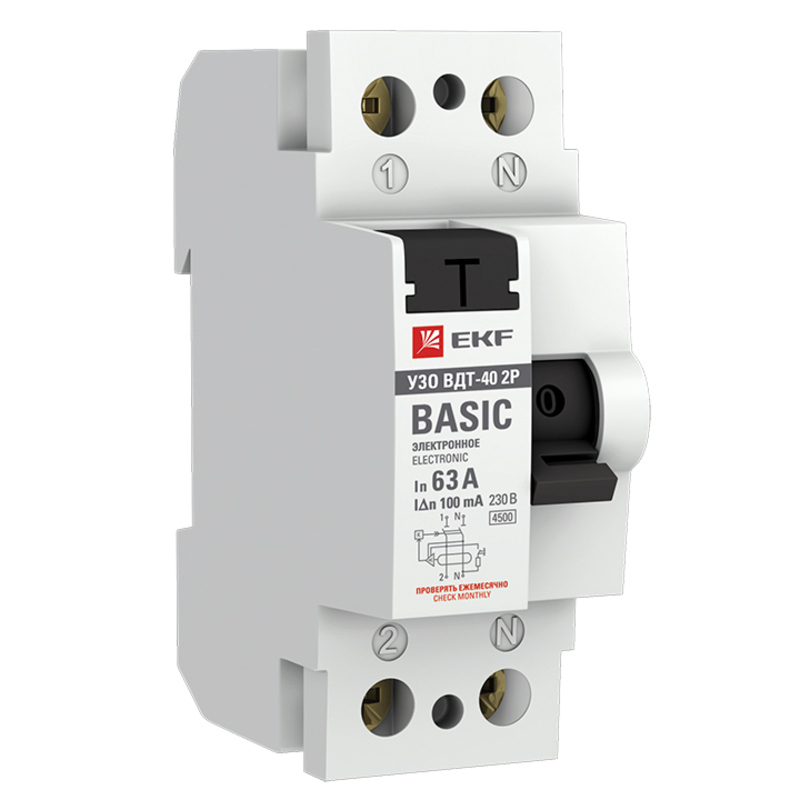 Изображение товара УЗО EKF Basic ВДТ-40 2P 63 A 100 мА 4.5 кА AC elcb-2-63-100e-sim