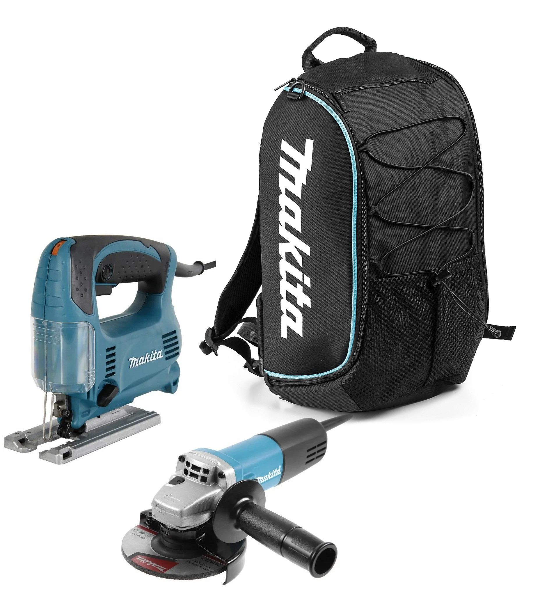 Изображение товара Набор электроинструментов Makita DK0116, Лобзик 4329 и УШМ 9558HN, рюкзак в комплекте