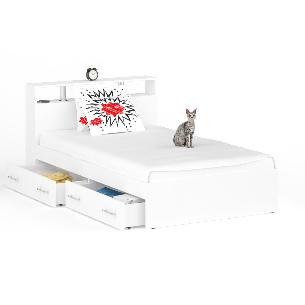 Изображение товара Односпальная кровать с ящиками Камелия 1200 цвет белый