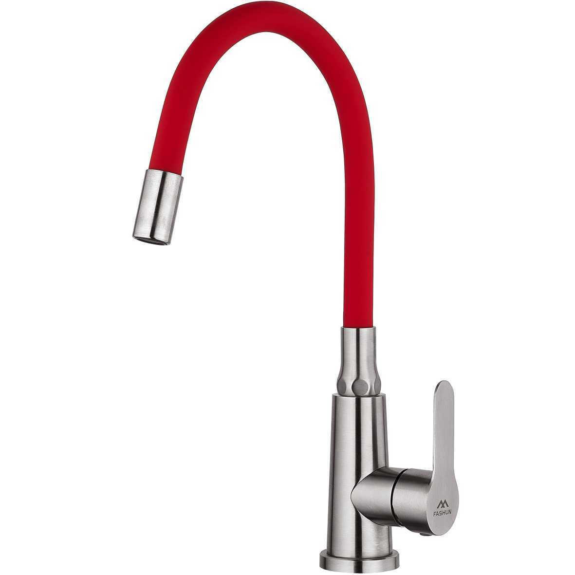 Изображение товара Смеситель Fashun A54301-10 Однорычажный с гибким изливом 19 см, сатин/красный