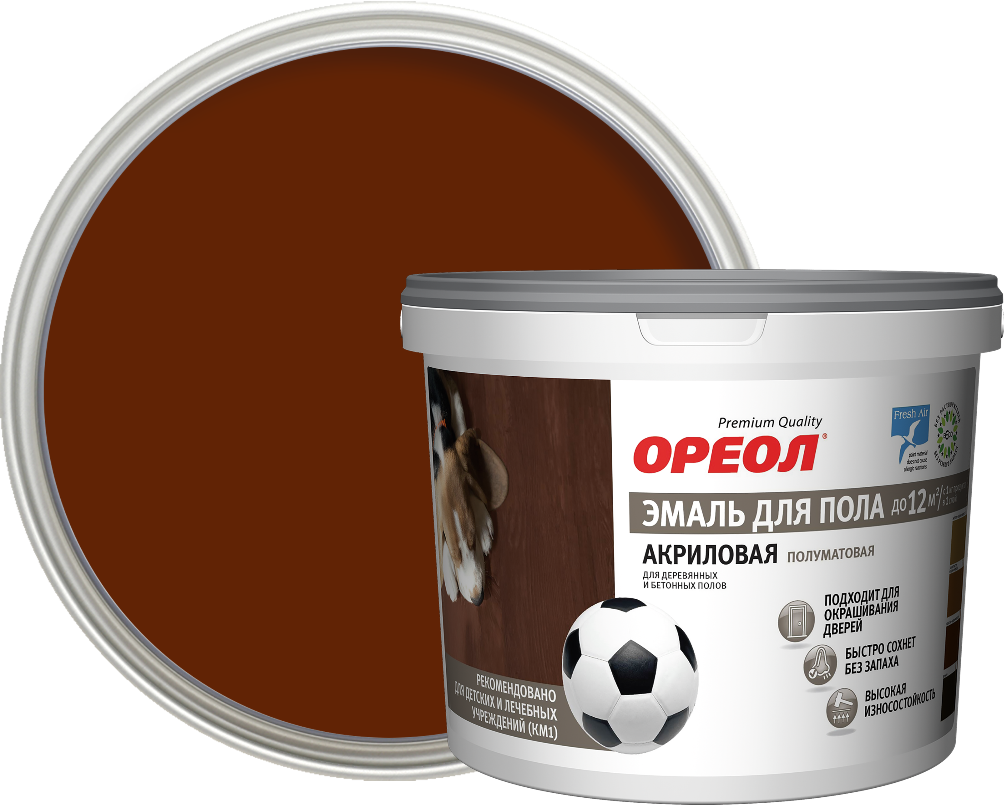 Изображение товара Акриловая эмаль для пола Ореол полуматовая 2.3 кг красно-коричневая для внутренних работ