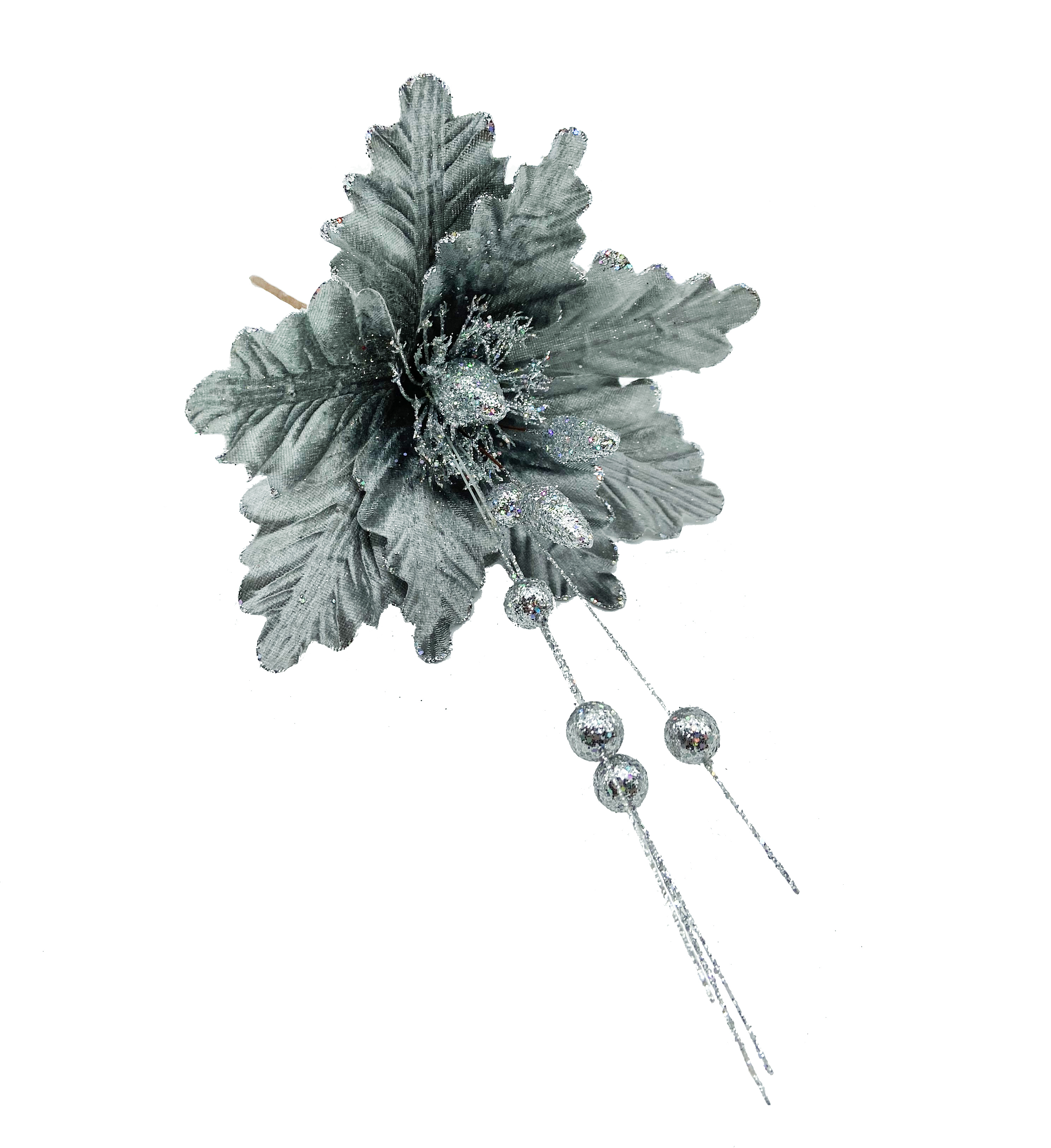 Изображение товара Украшение цветок на ветке 40 см серебро елочная игрушка для новогоднего декора