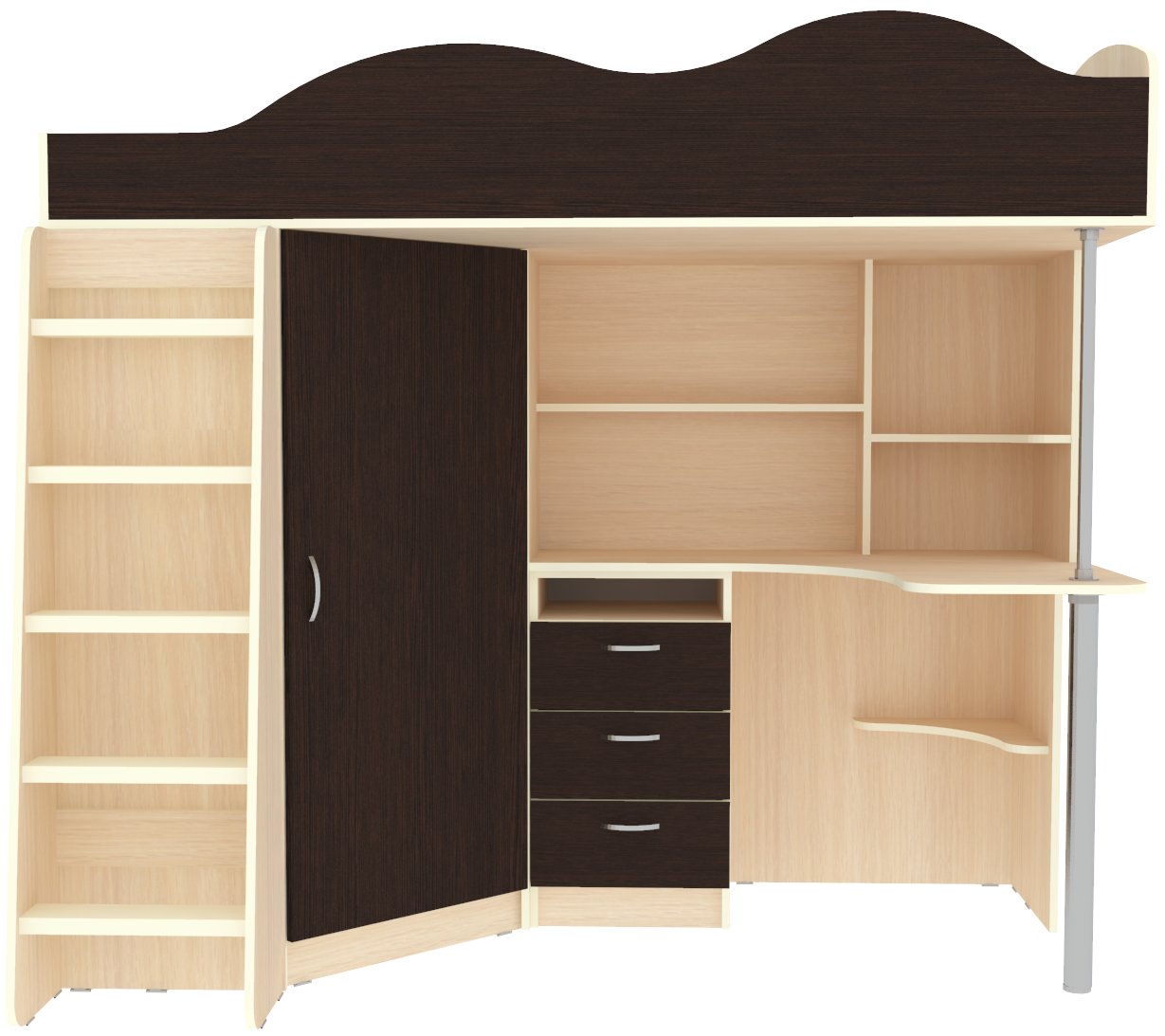 Изображение товара Детская кровать чердак Кариви 193x170 см венге с рабочей зоной и шкафами