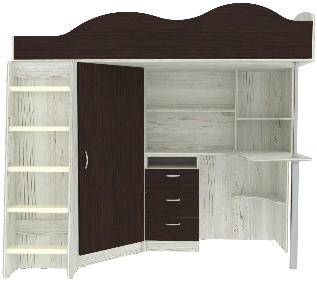 Изображение товара Кровать чердак детская Кариви КИВи 193x170x88 см в цвете венге с рабочей зоной и шкафом