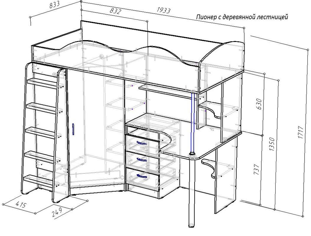 Изображение товара Кровать чердак КАРИВИ с рабочей зоной и стеллажами
