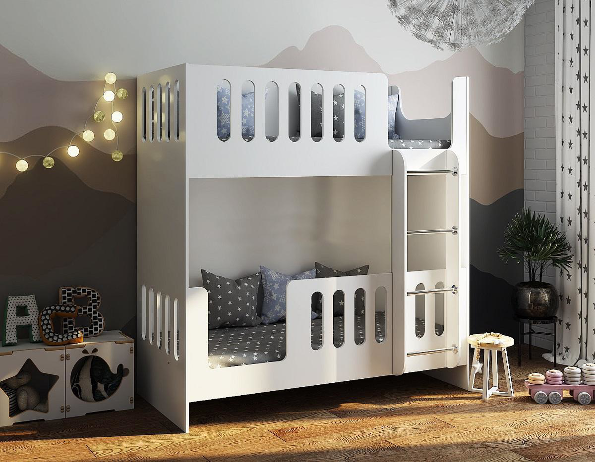 Изображение товара Двухъярусная кровать Кариви Сказочный Домик белый с бортиком и лестницей