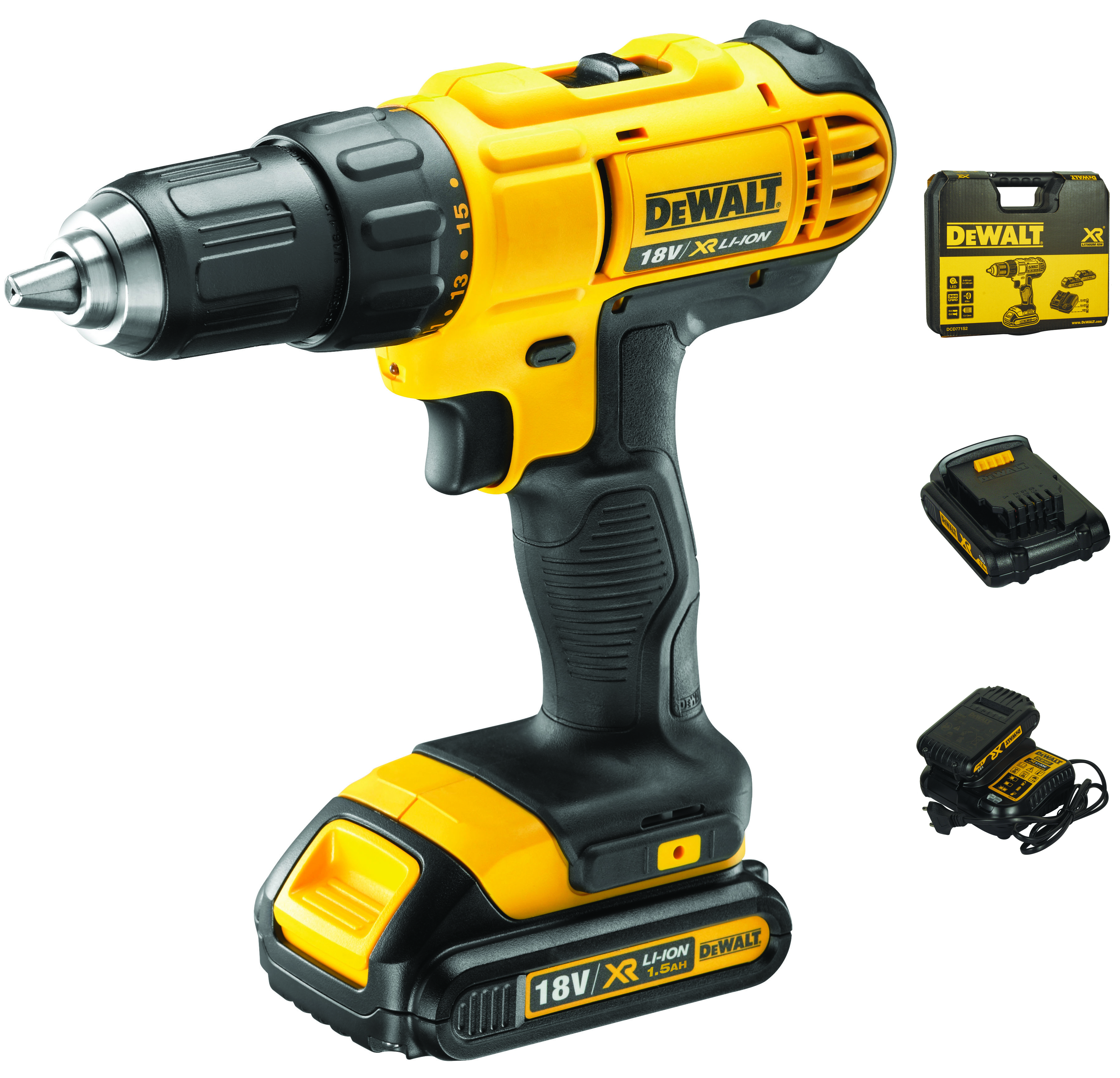 Изображение товара Аккумуляторная дрель-шуруповерт DeWalt DCD771S2 18 В профессиональная Изображение товара Аккумуляторная дрель-шуруповерт DeWalt DCD771S2 18 В профессиональная