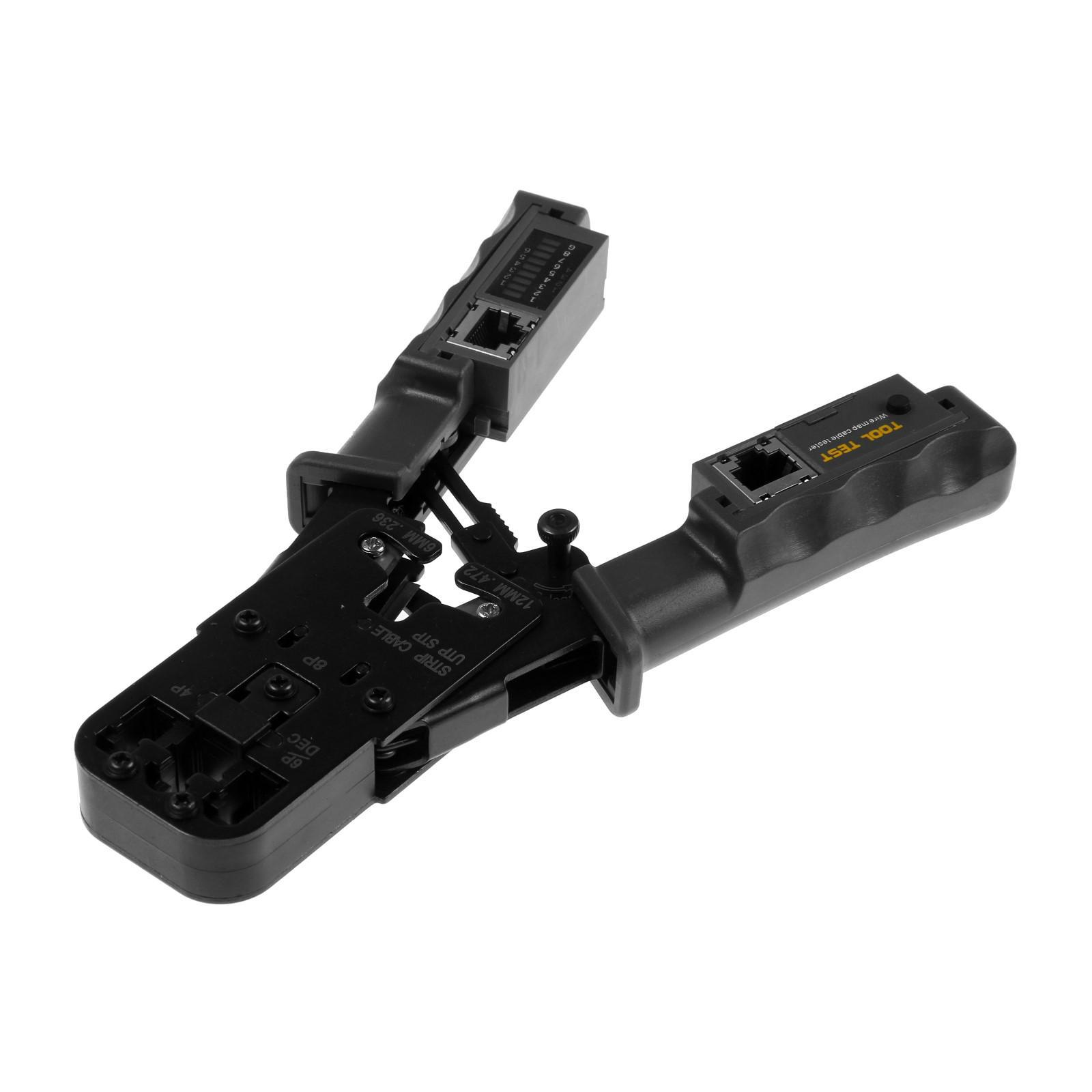 Изображение товара Кримпер-тестер для обжима Тундра 4476072, RJ-45 8P, RJ-12 6P, RJ-11 4P, вертикальный обжим с тестером кабеля