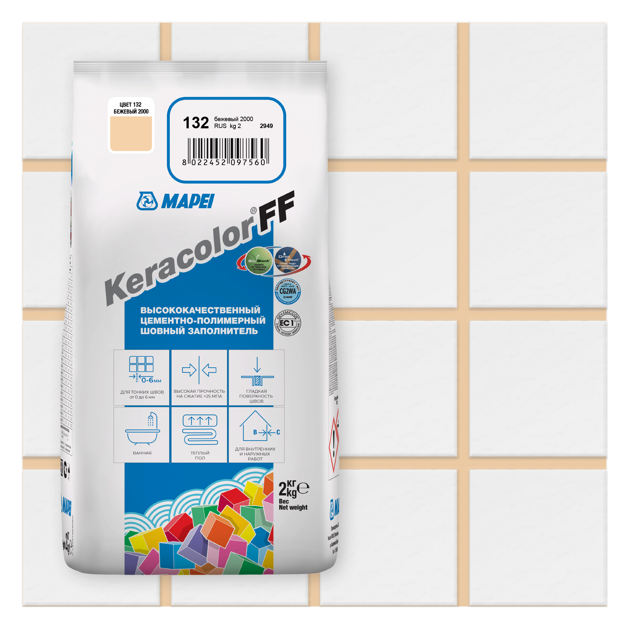 Изображение товара Затирка цементная Mapei Keracolor FF 132 бежевый 2 кг