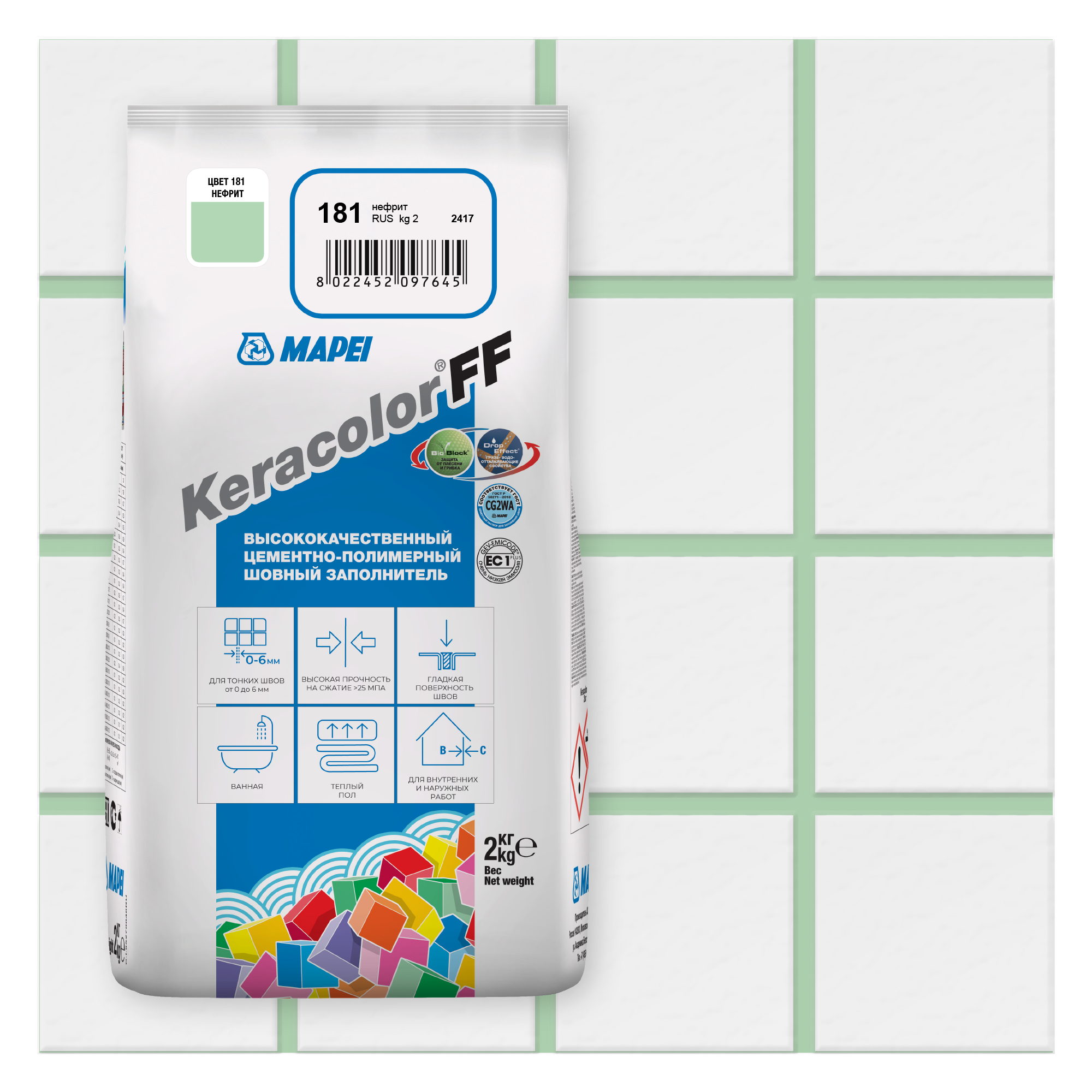 Изображение товара Затирка цементная Mapei Keracolor FF 181 цвет нефрит, 2 кг