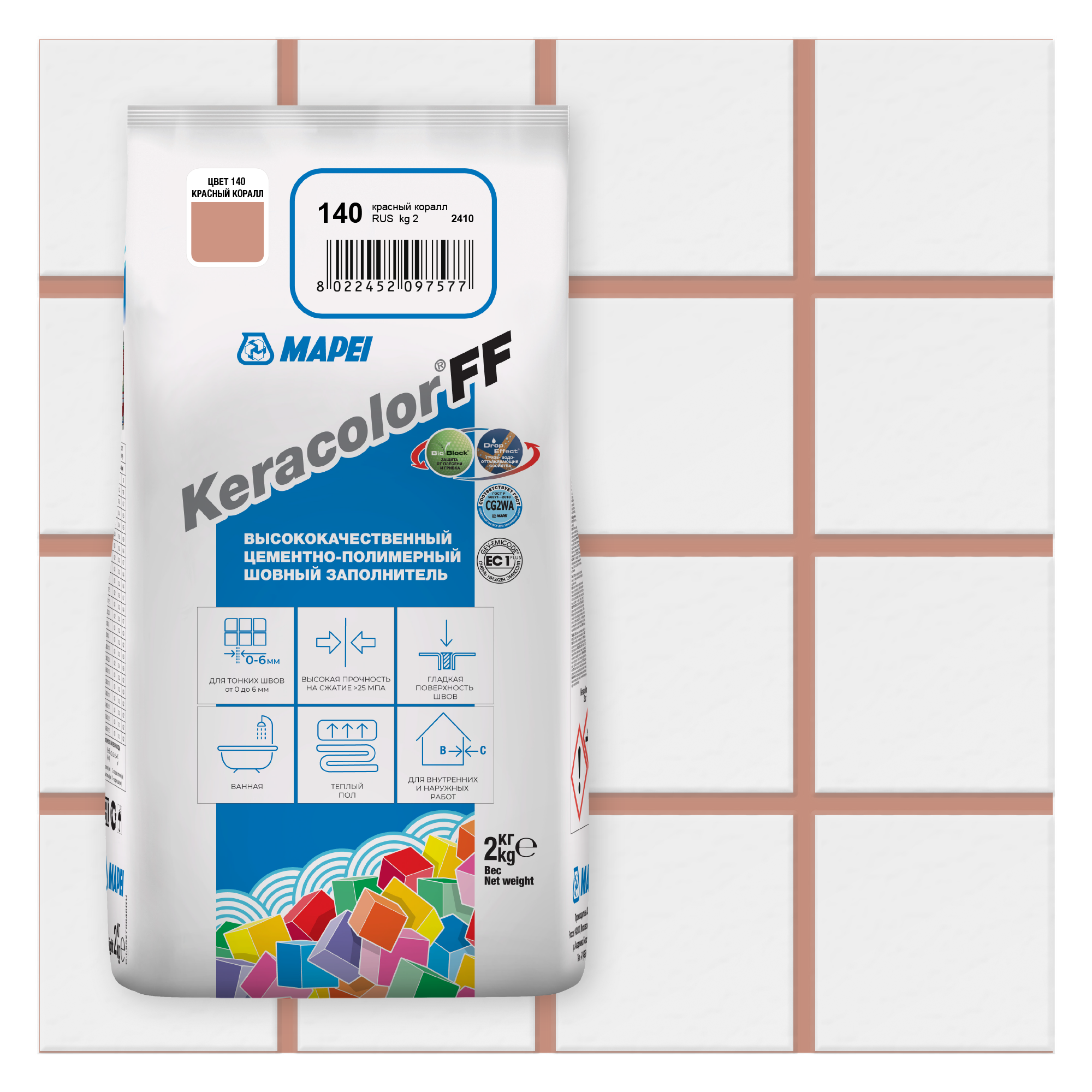 Изображение товара Затирка цементная Mapei Keracolor FF 140 красный коралл 2 кг для помещений и бассейнов
