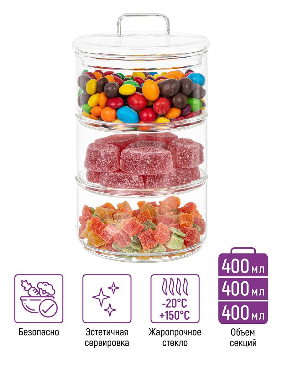 Изображение товара Банка для сыпучих продуктов 3 секции ELAN GALLERY Crystal glass 0.4 л стекло прозрачная