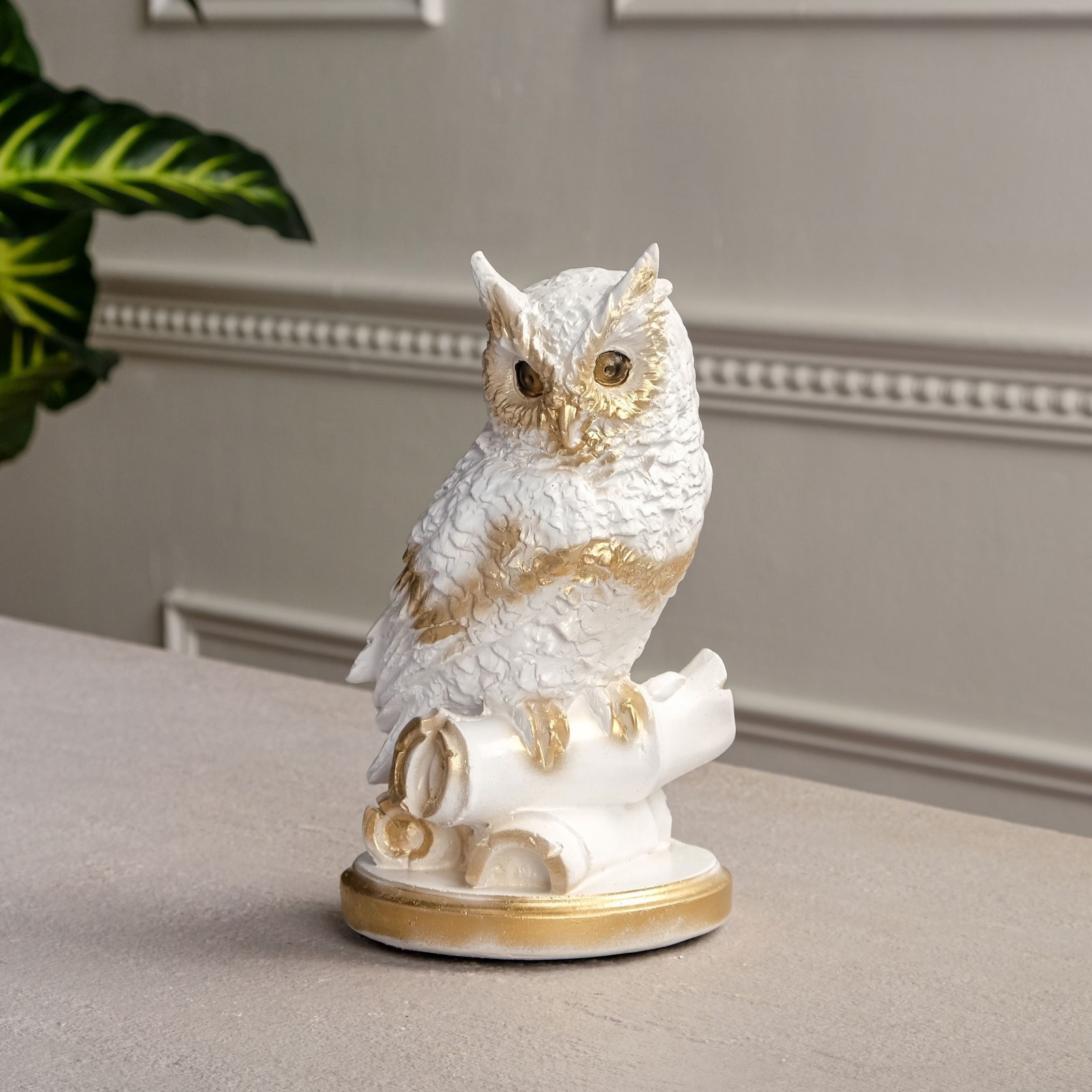Изображение товара Копилка "Сова на бамбуке" белая с золотом 24x14x15 см