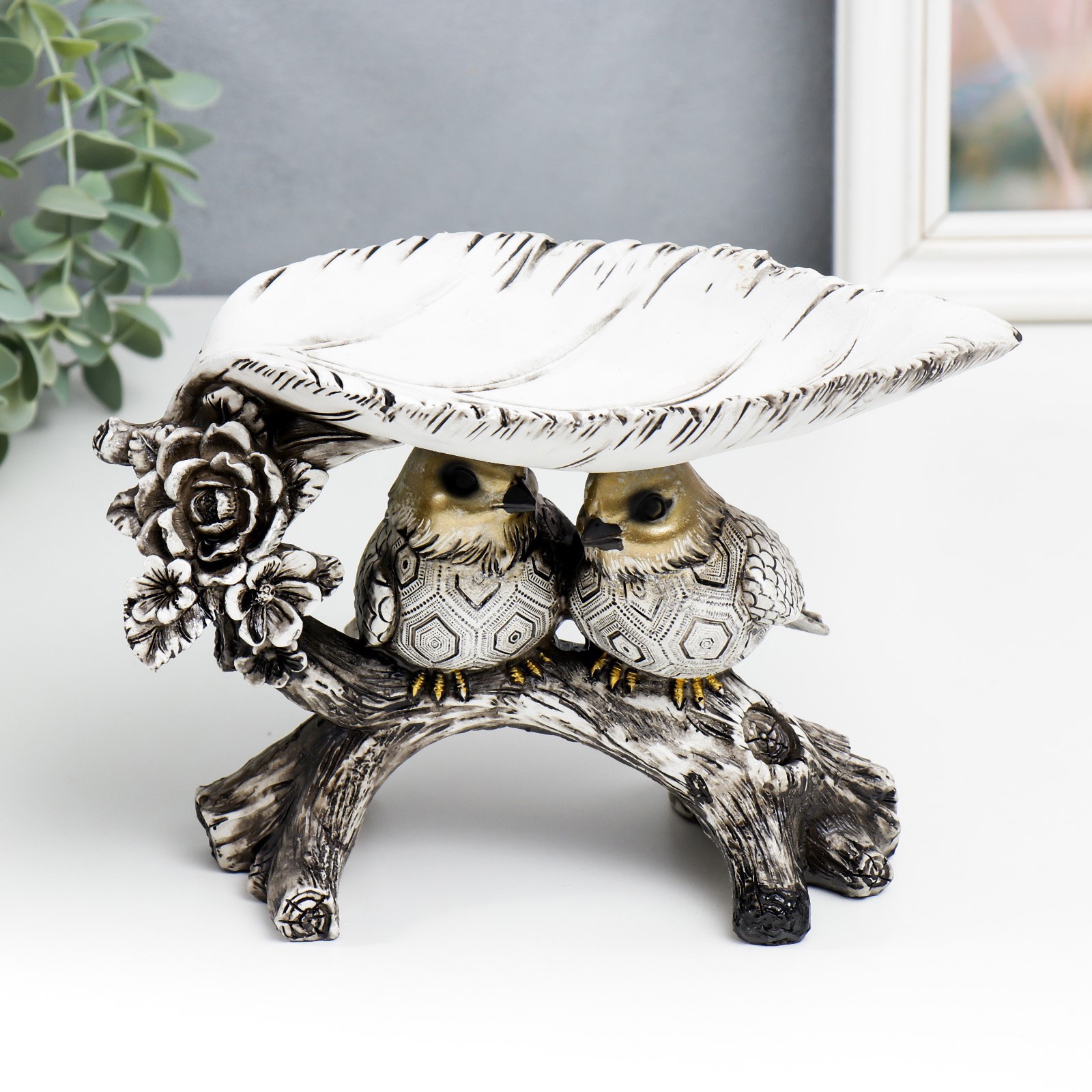 Изображение товара Подставка интерьерная "Два воробышка на коряге с листом. Геометрия" 15x12.6x22.5 см