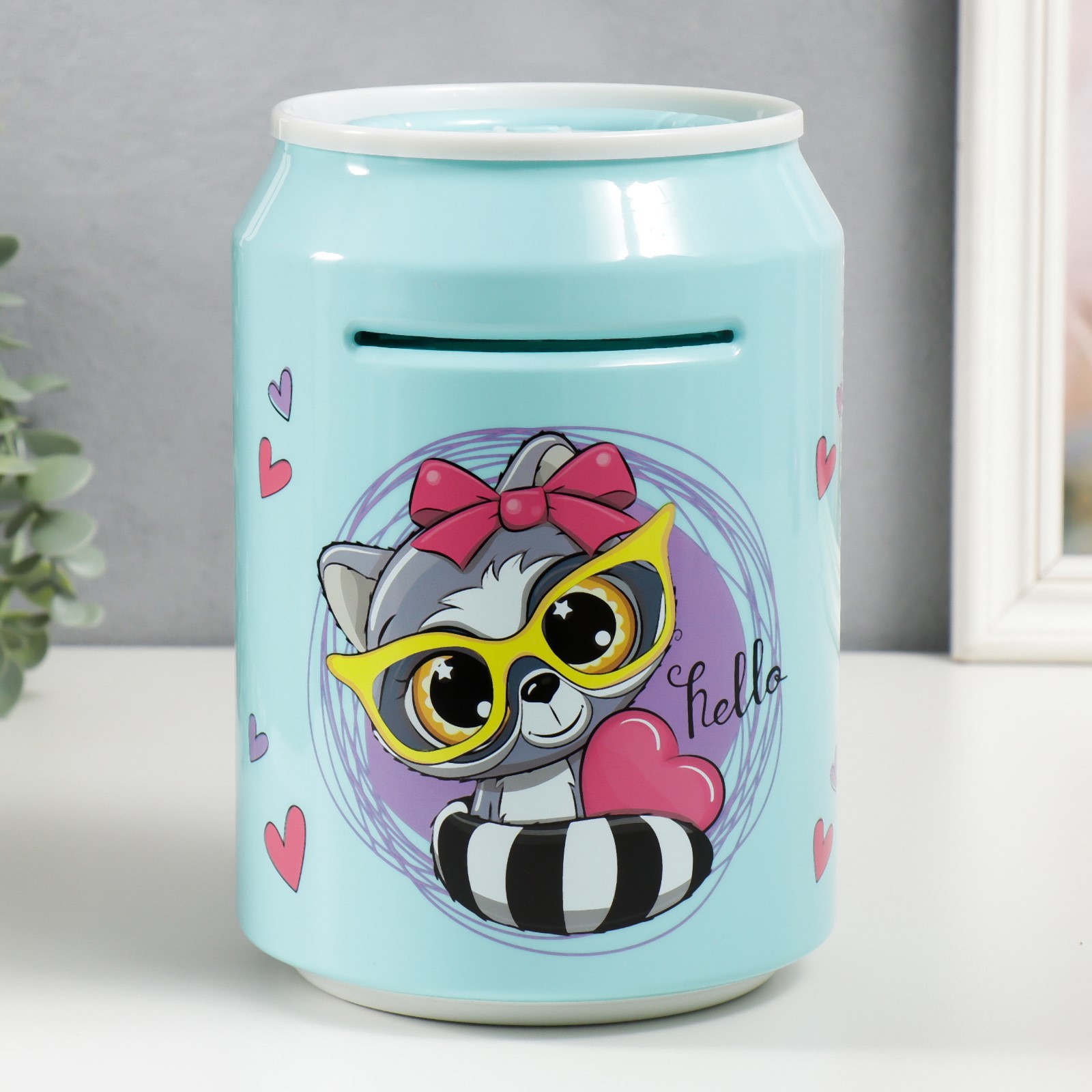 Изображение товара Копилка Банка Енотик кодовый замок, со звуком, 3 батарейки АА, голубой 15x21 см