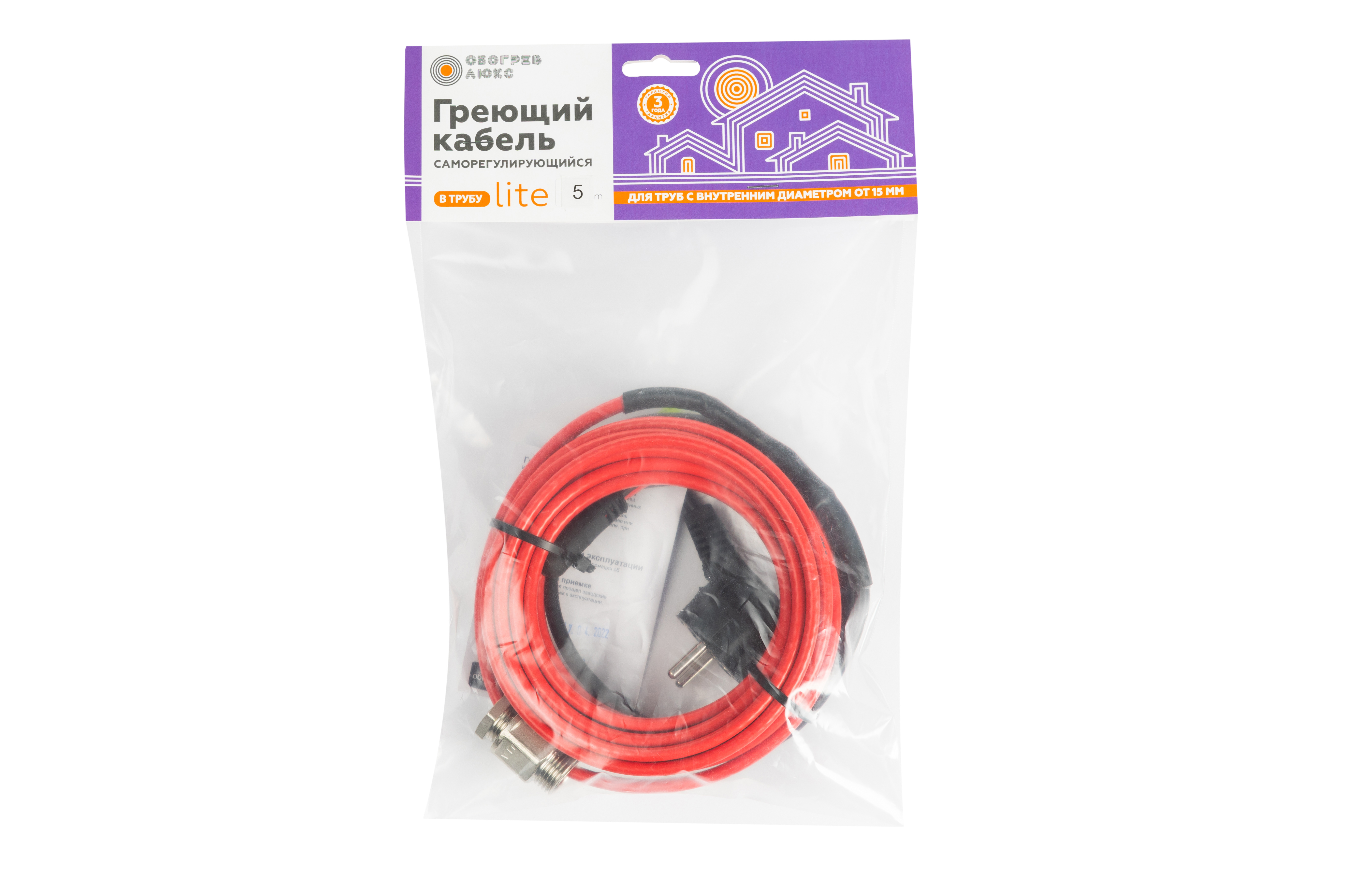 Изображение товара Греющий кабель для обогрева труб Обогрев Люкс 5 м 55 Вт