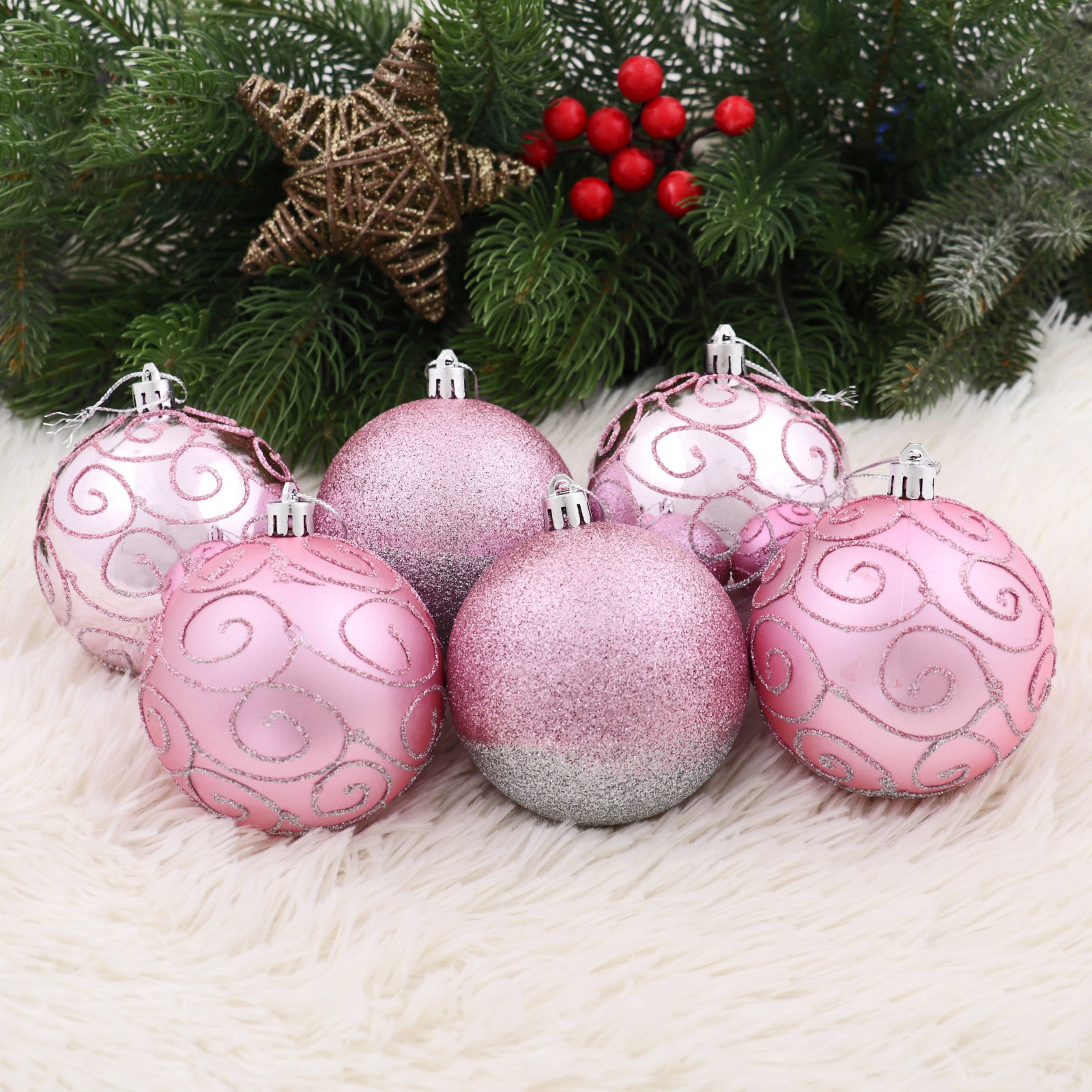Изображение товара Набор елочных шаров Зимнее волшебство 8 см 6 шт розовые новогодние украшения