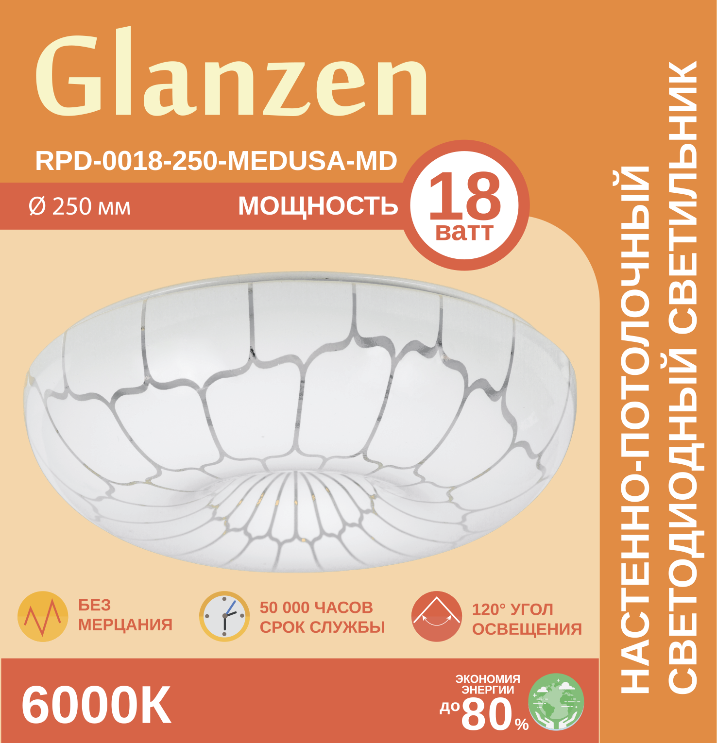 Изображение товара Настенно-потолочный светодиодный светильник GLANZEN RPD-0018-250-MEDUSA-MD 18 Вт 55 м² белый холодн