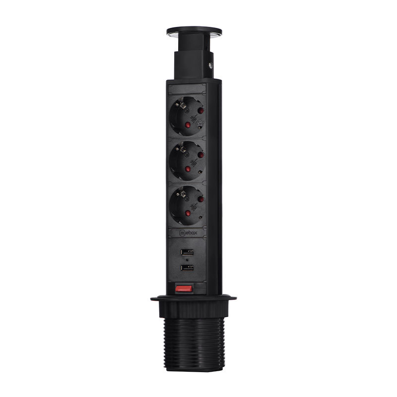 Изображение товара Розетка выдвижная встраиваемая Mebax 3 розетки 2 USB D60 мм с заземлением цвет черный Изображение товара Розетка выдвижная встраиваемая Mebax 3 розетки 2 USB D60 мм с заземлением цвет черный