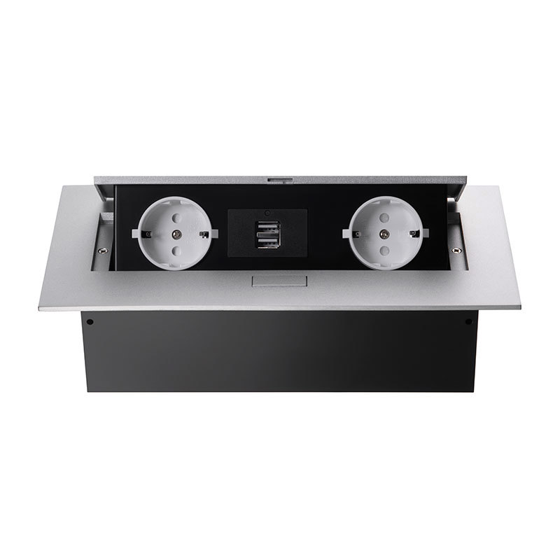 Изображение товара Розетка выдвижная встраиваемая Mebax 2 розетки 2 USB 212x60 мм с заземлением цвет серебристый