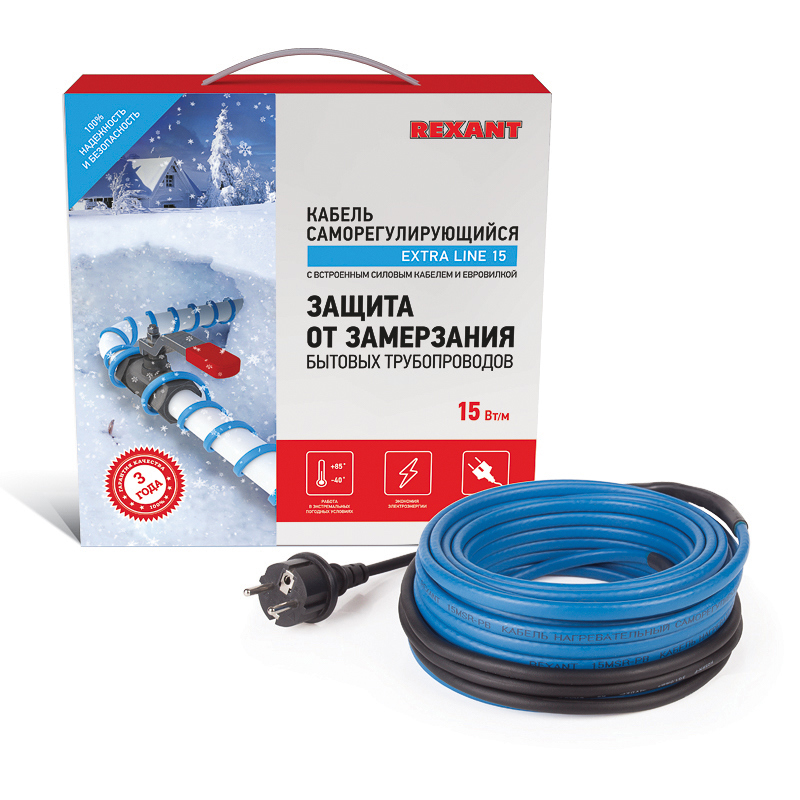 Изображение товара Греющий кабель Rexant для труб 25 м 375 Вт саморегулирующийся