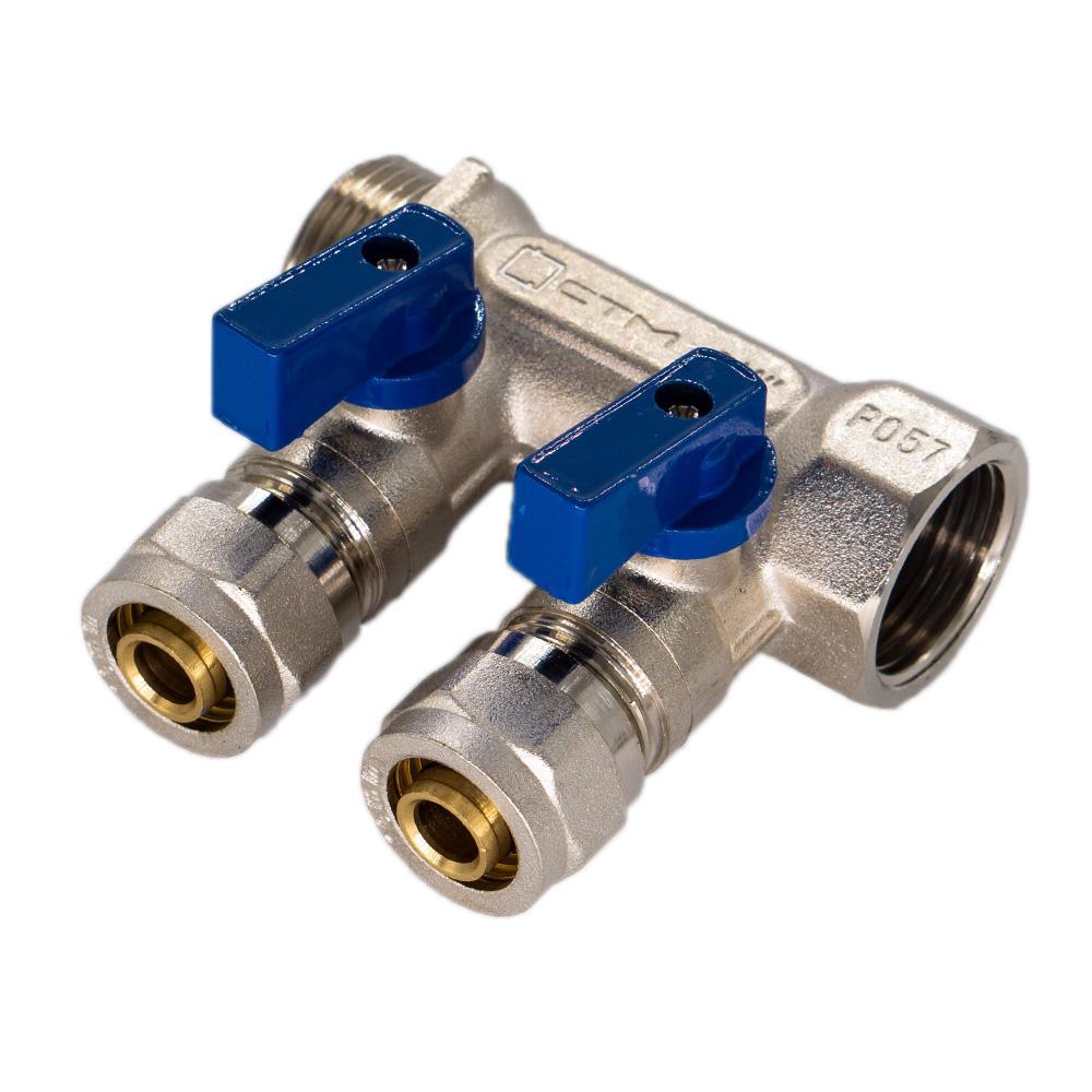 Изображение товара Коллектор СТМ 2 выхода 3/4 дюйма латунь никелированный с шаровыми кранами