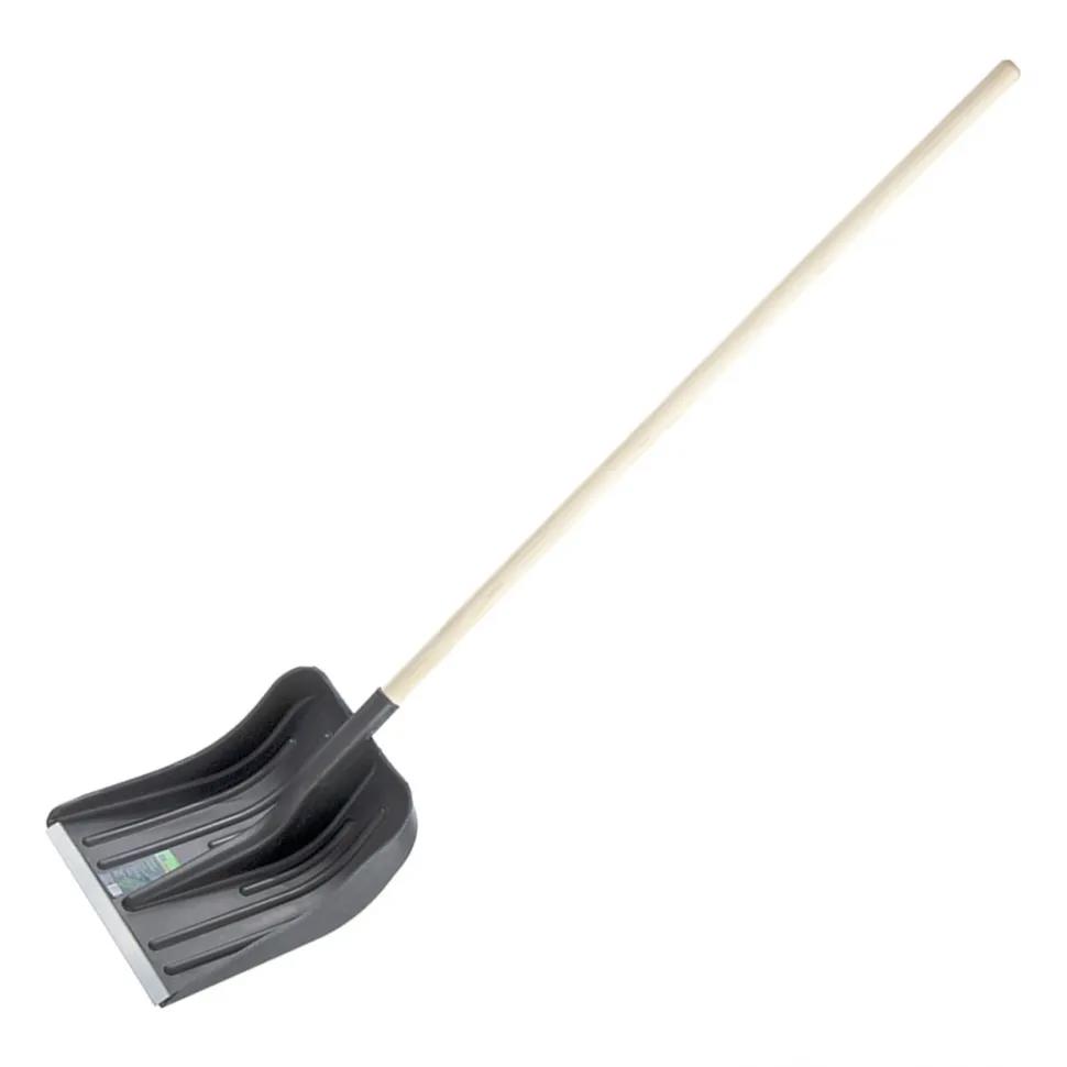 Изображение товара Лопата для уборки снега Сибртех 61566 пластиковая с деревянным черенком 360x405x1550 мм