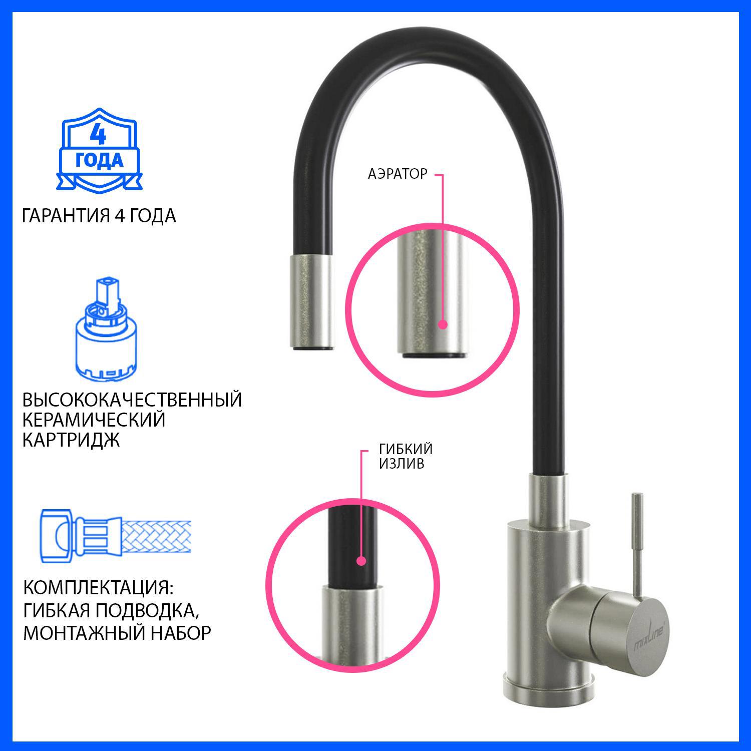 Изображение товара Смеситель для кухни Mixline MLSS цвет черный 542377