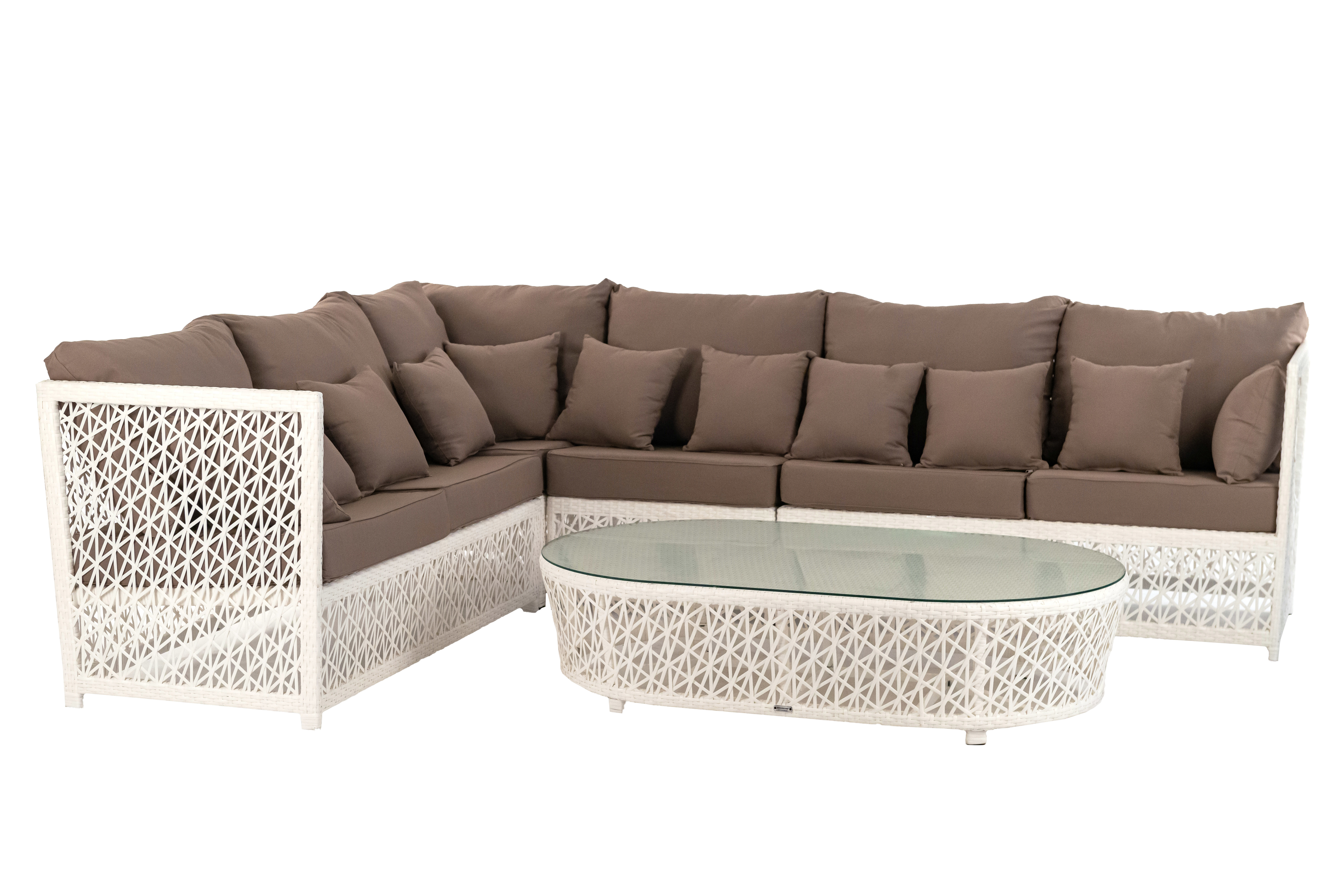 Изображение товара Набор садовой мебели Veil из искусственного ротанга со стеклянной столешницей 6 мест серый и белый