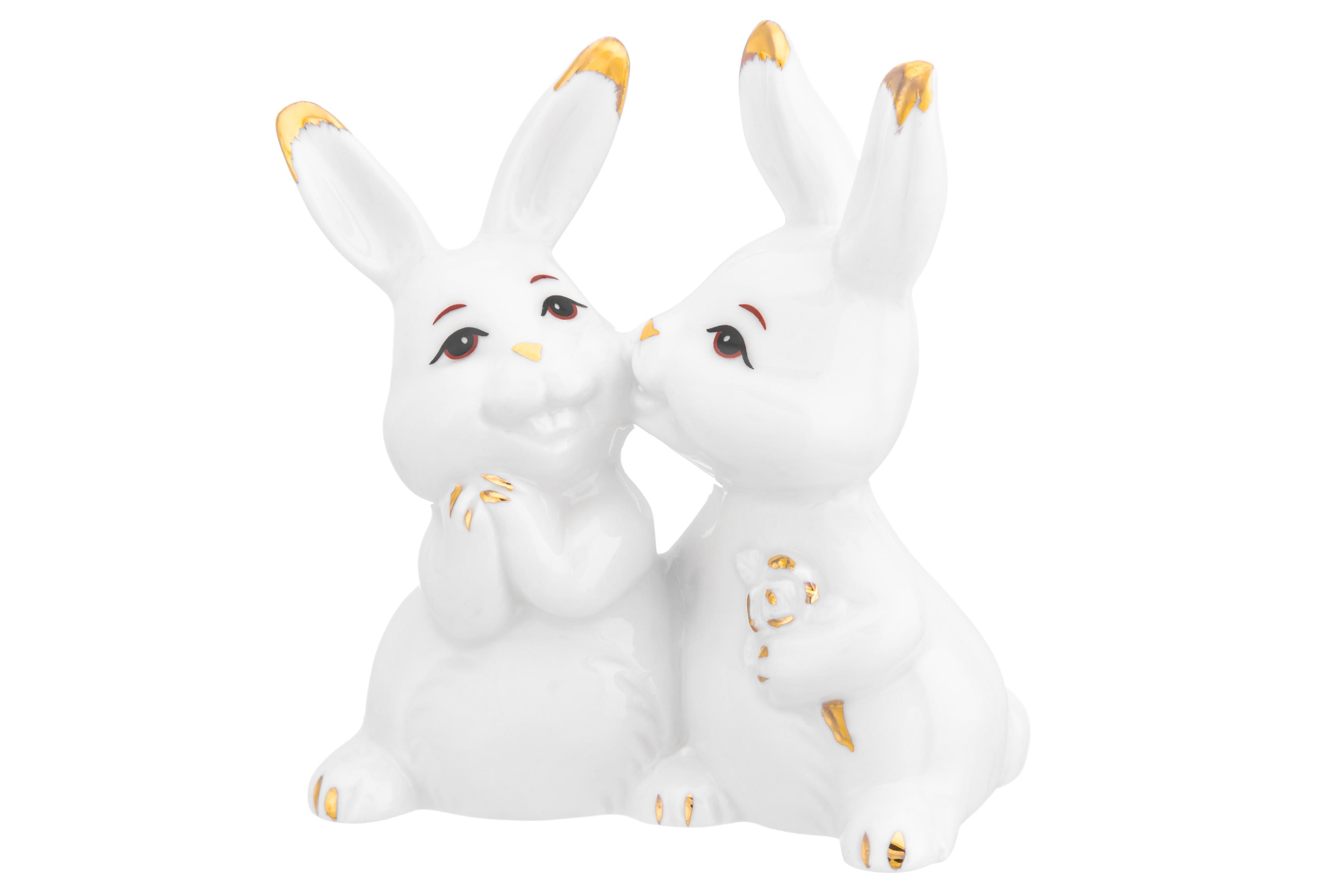 Изображение товара Фигурка декоративная 8х5х9 см Elan Gallery Зайчата поцелуй белая с золотом