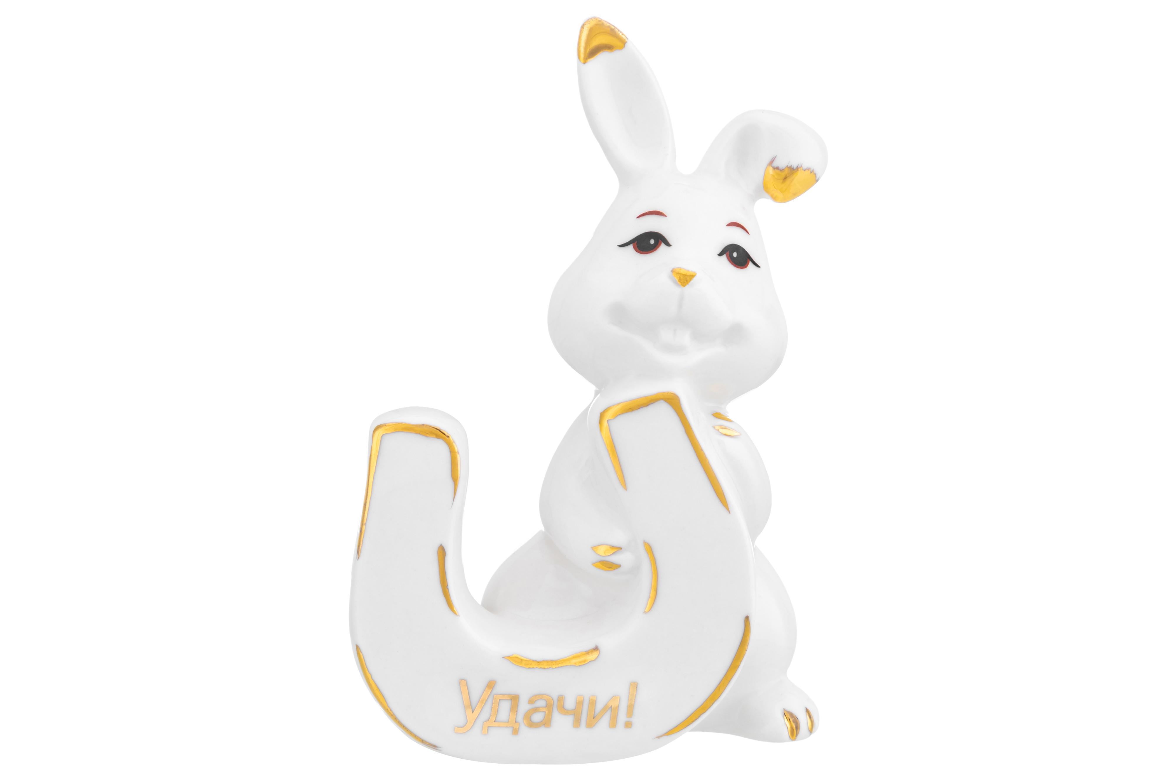 Изображение товара Фигурка декоративная 6.5x4.5x10 см Elan Gallery Зайка с подковой белая с золотом