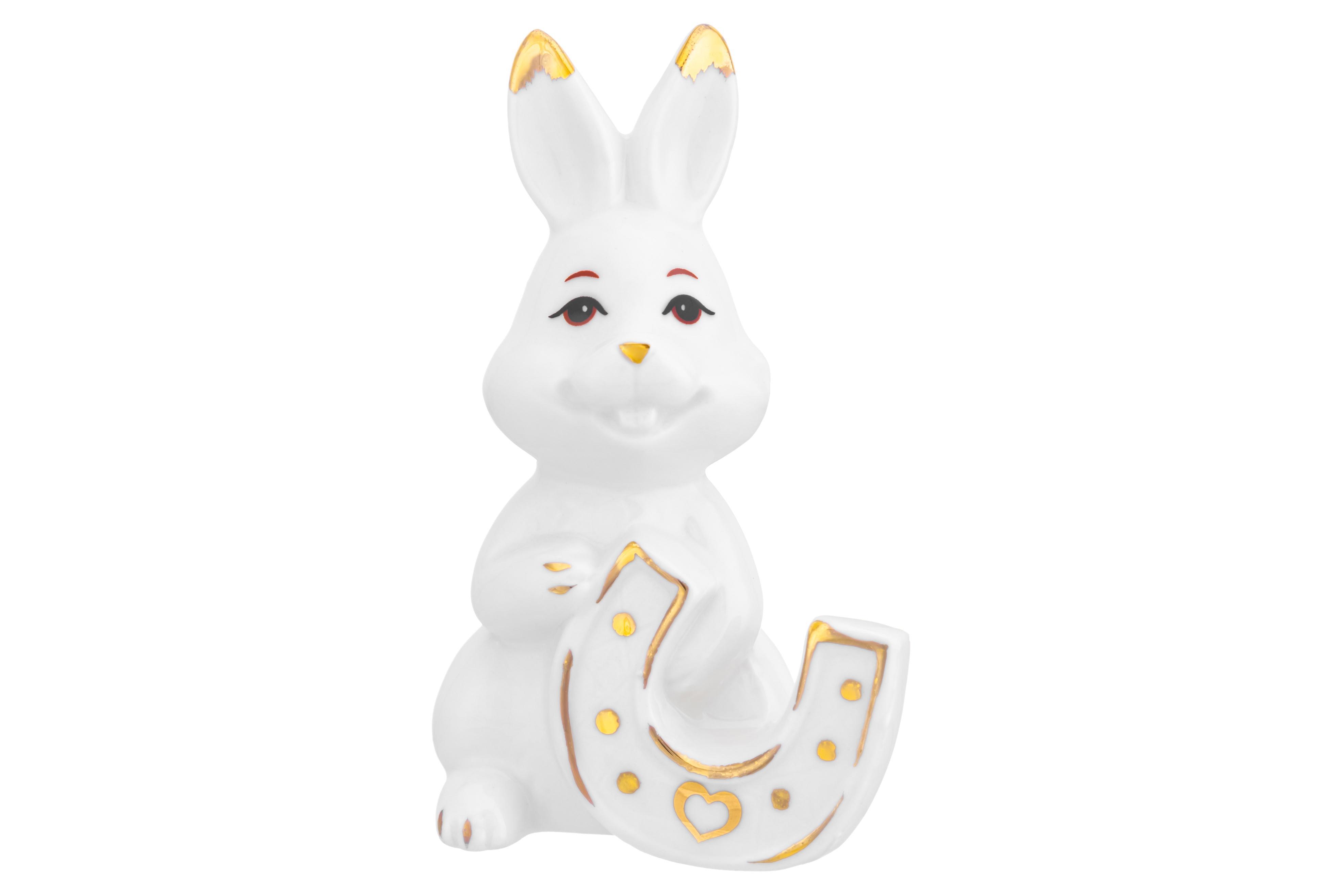 Изображение товара Фигурка декоративная 6x5x9.5 см Elan Gallery Зайка с подковой белая с золотом