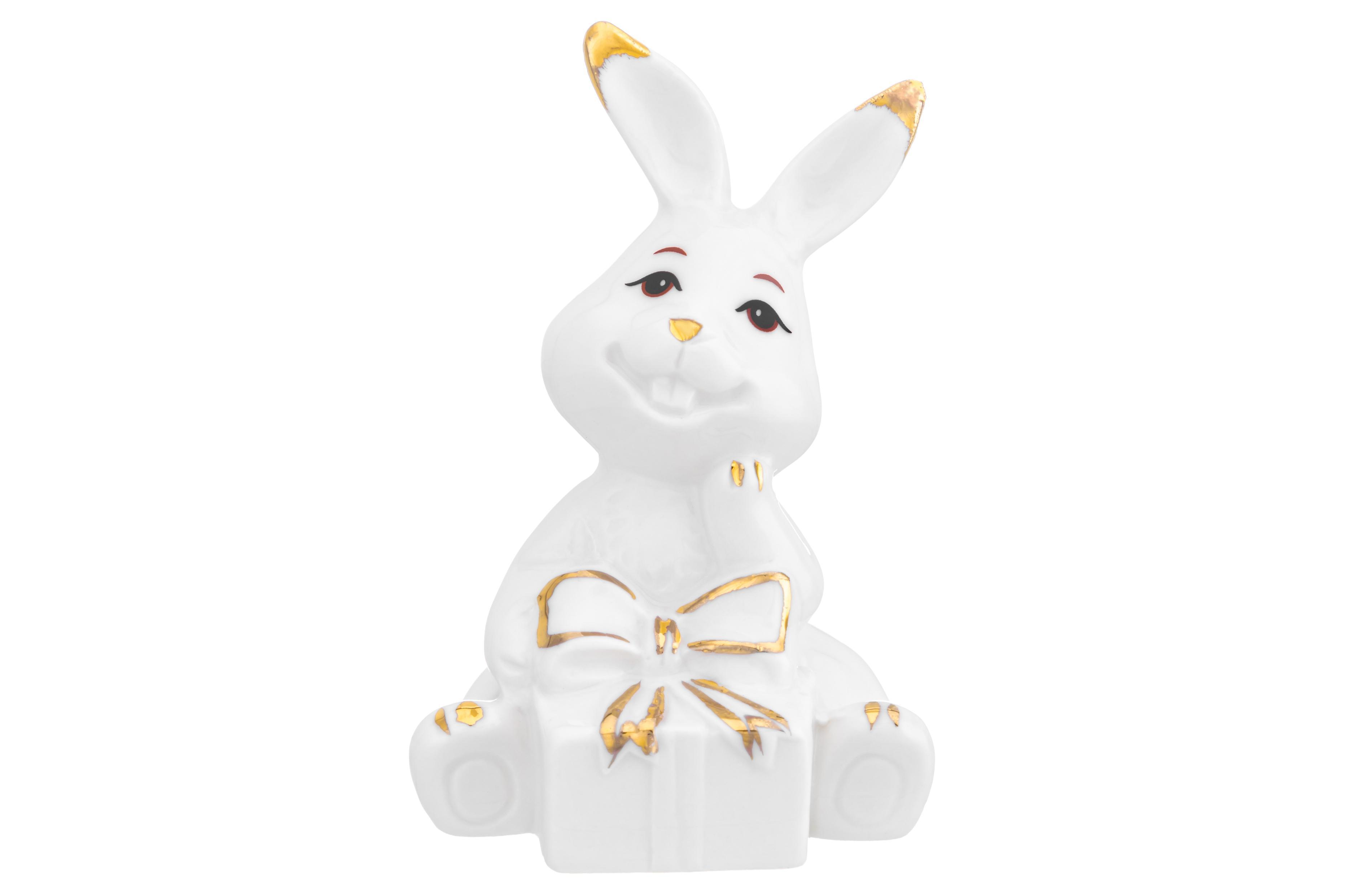 Изображение товара Фигурка декоративная 6x6x9 см Elan Gallery Зайка с подарком белая с золотом