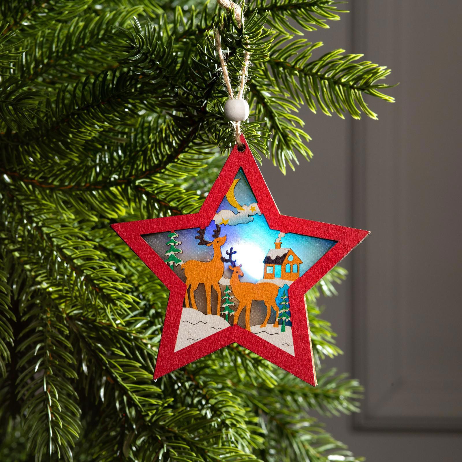 Изображение товара Елочная игрушка Красная звезда с оленями Luazon lighting 6117358 1.5 см х 11 см красный