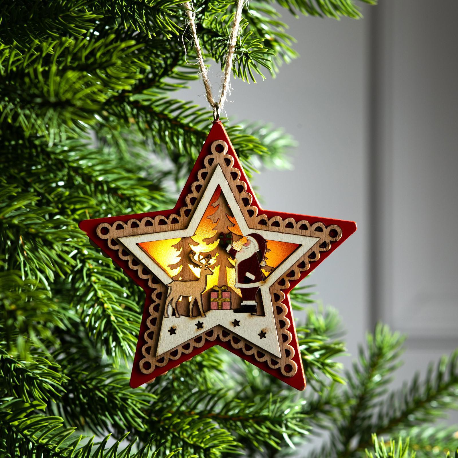 Изображение товара Елочная игрушка Красная звезда с дедом морозом световая 12 см