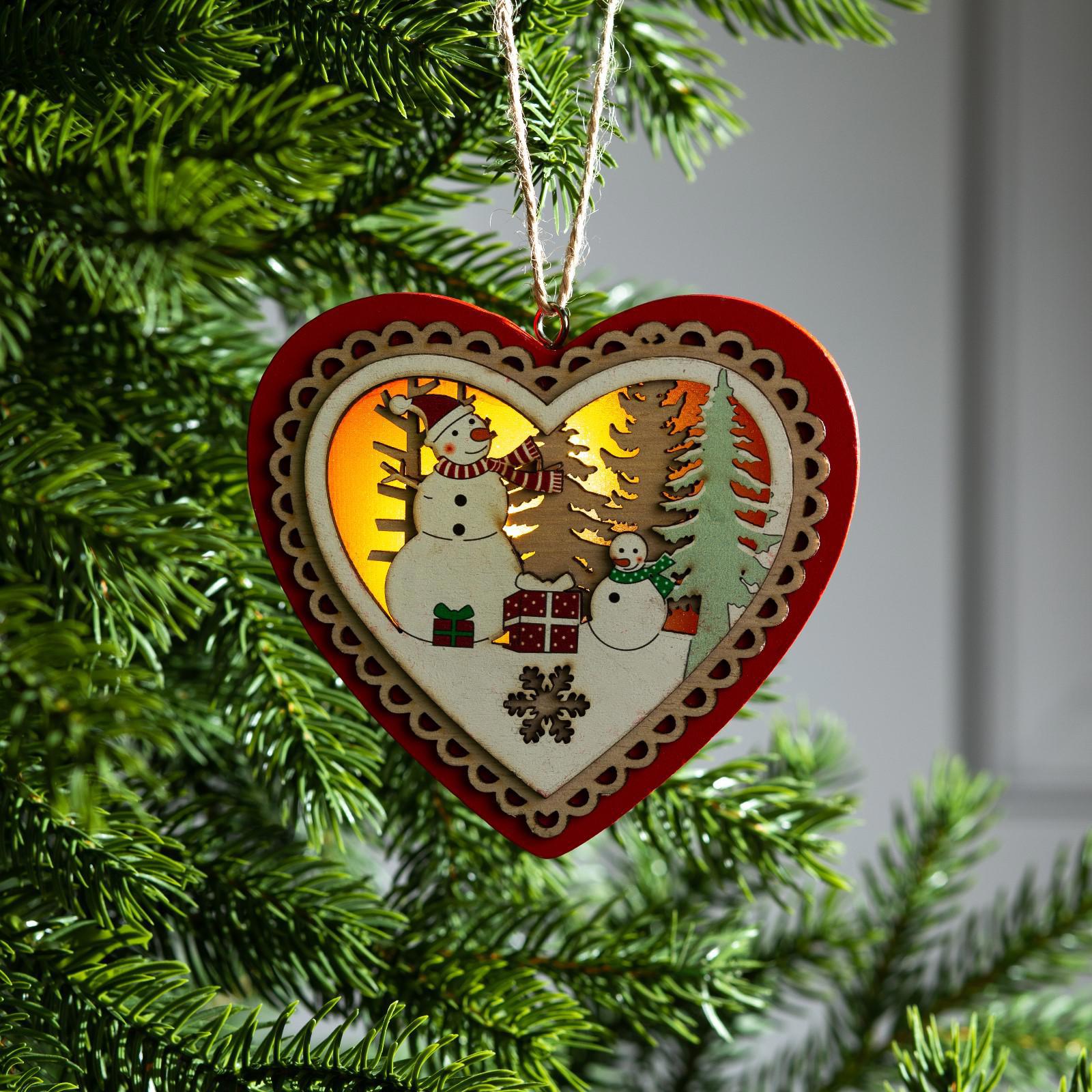 Изображение товара Елочная игрушка Красное сердце со снеговиком Luazon lighting 6117361 1.5 см х 12 см красный