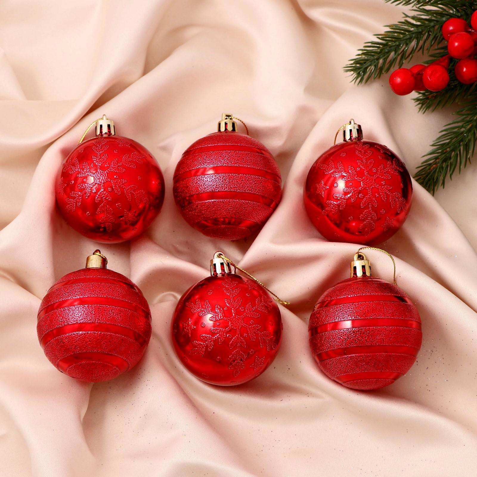 Изображение товара Набор елочных шаров Зимнее волшебство Снежные тропинки 6 см 6 шт красный с блестками