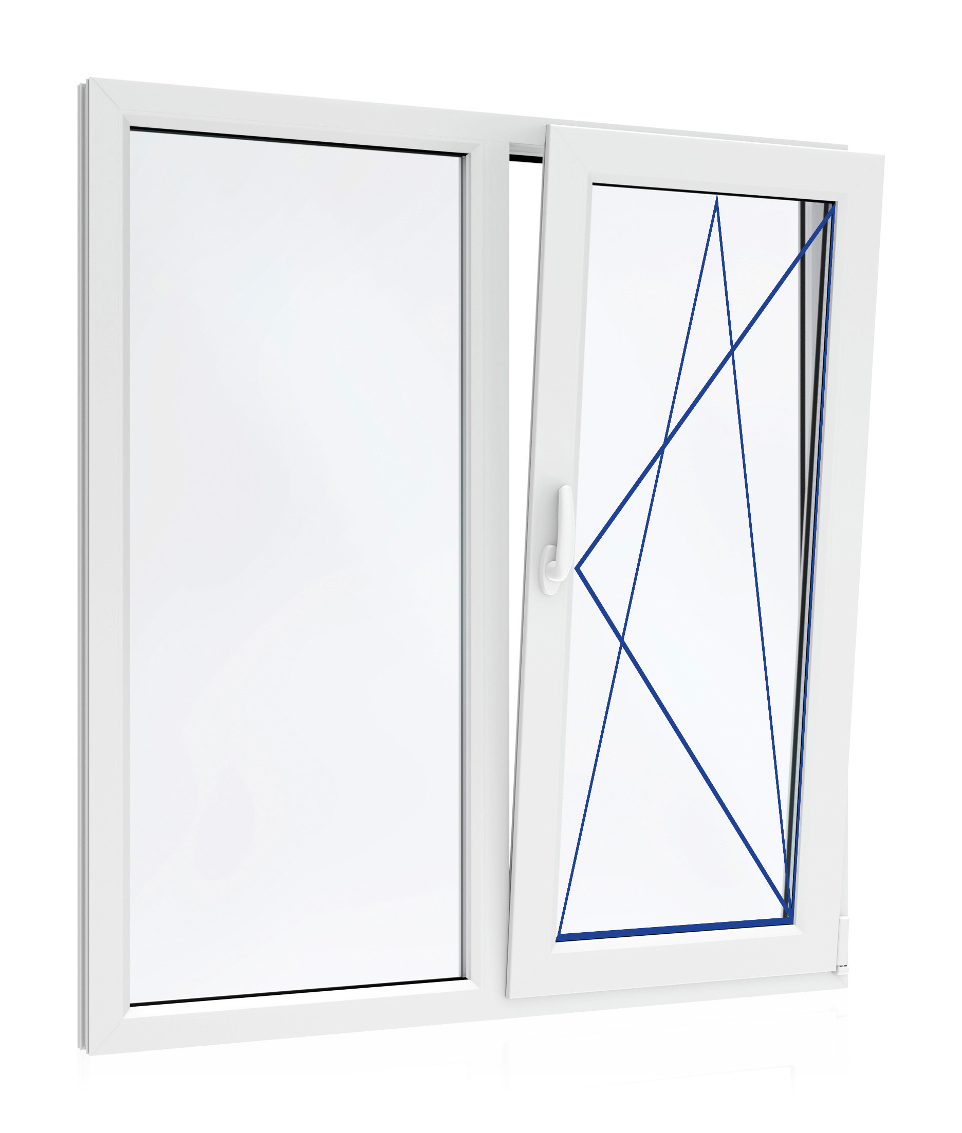 Изображение товара Пластиковое Окно ПВХ VEKA WHS 60 двухстворчатое ширина 130 х высота 110 см левое глухое правое поворотно откидное с ручкой однокамерный стеклопакет