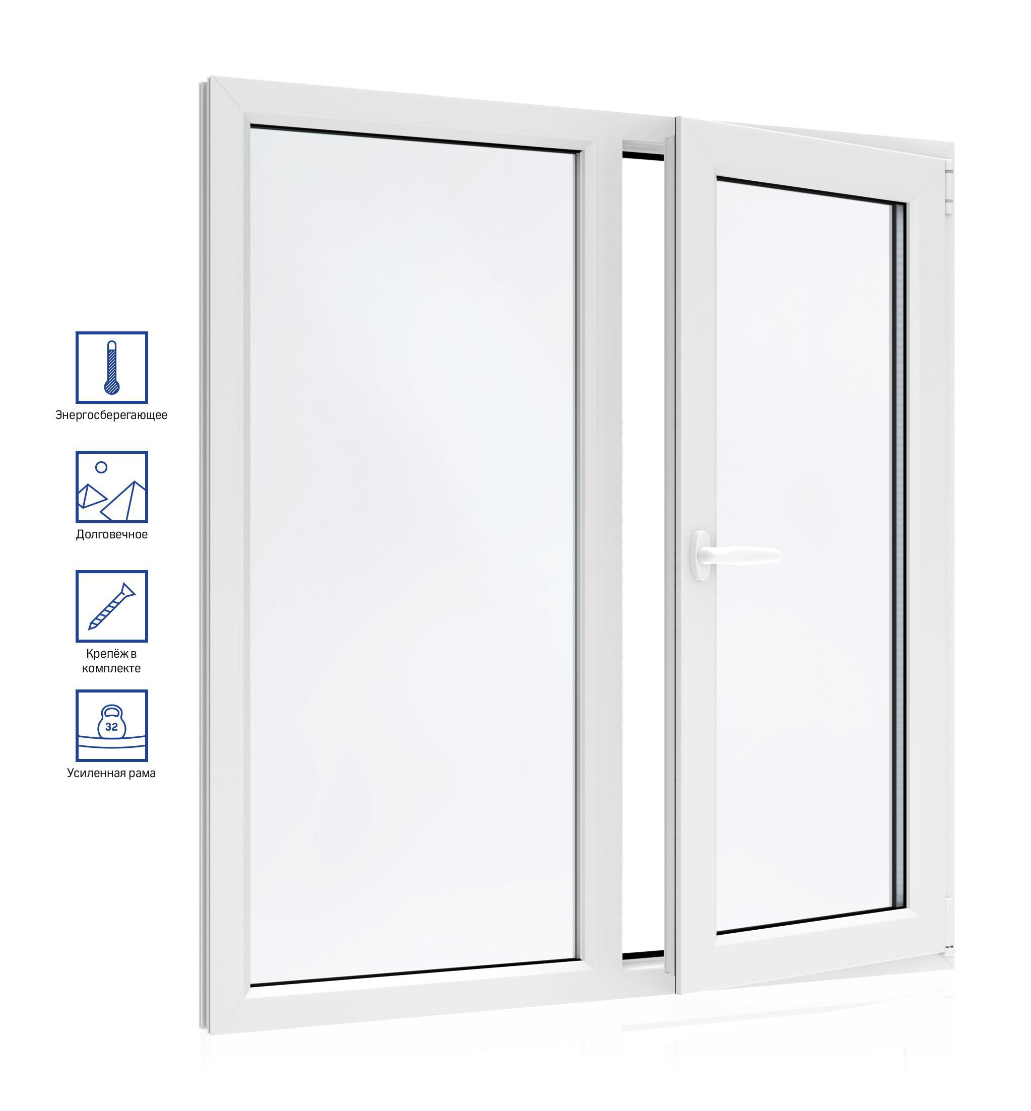 Изображение товара Пластиковое Окно ПВХ VEKA WHS 60 двухстворчатое ширина 140 х высота 100 см левое глухое правое поворотно откидное с ручкой однокамерный стеклопакет