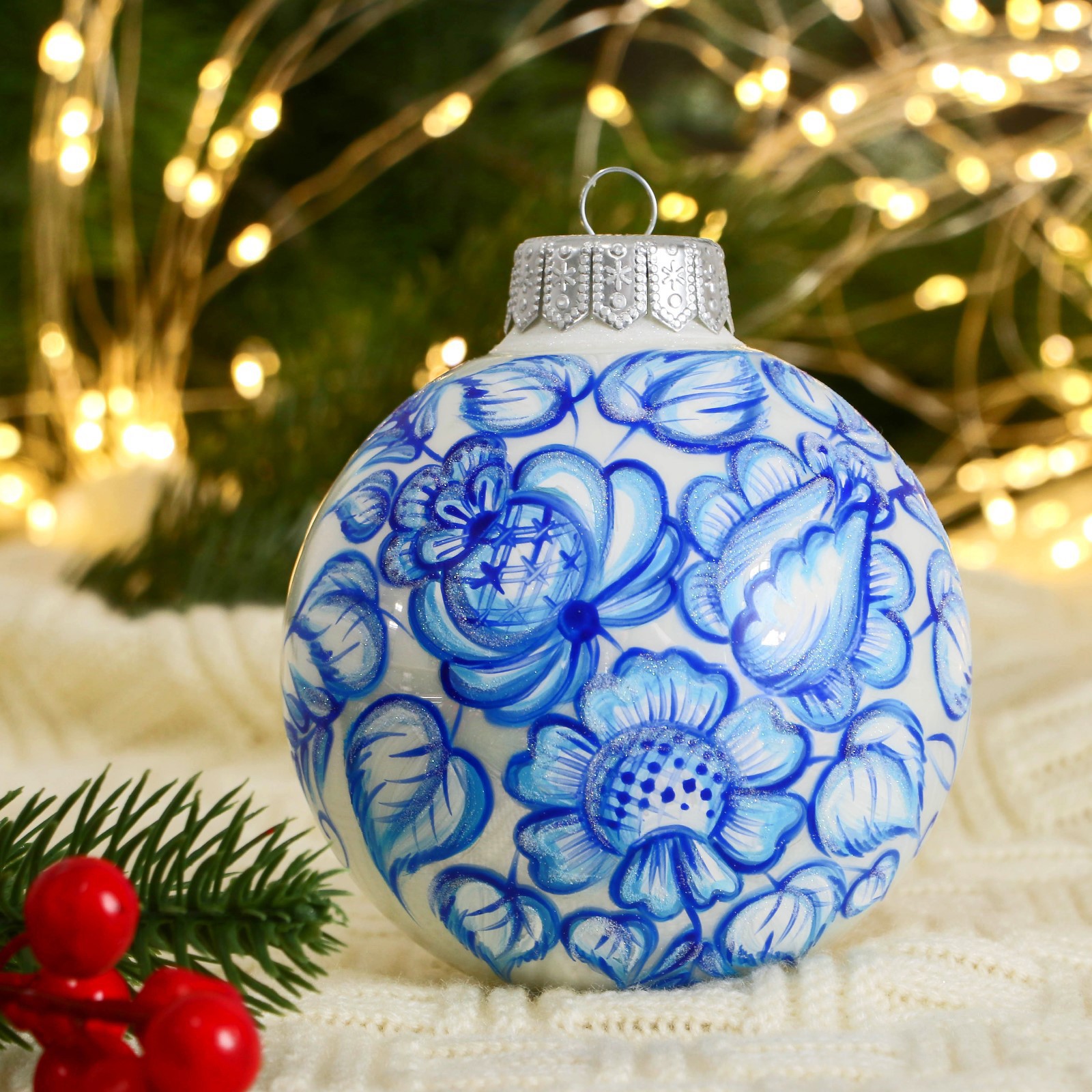 Изображение товара Набор елочных шаров Ферма радости Гжель 10 см стекло синий 1 шт