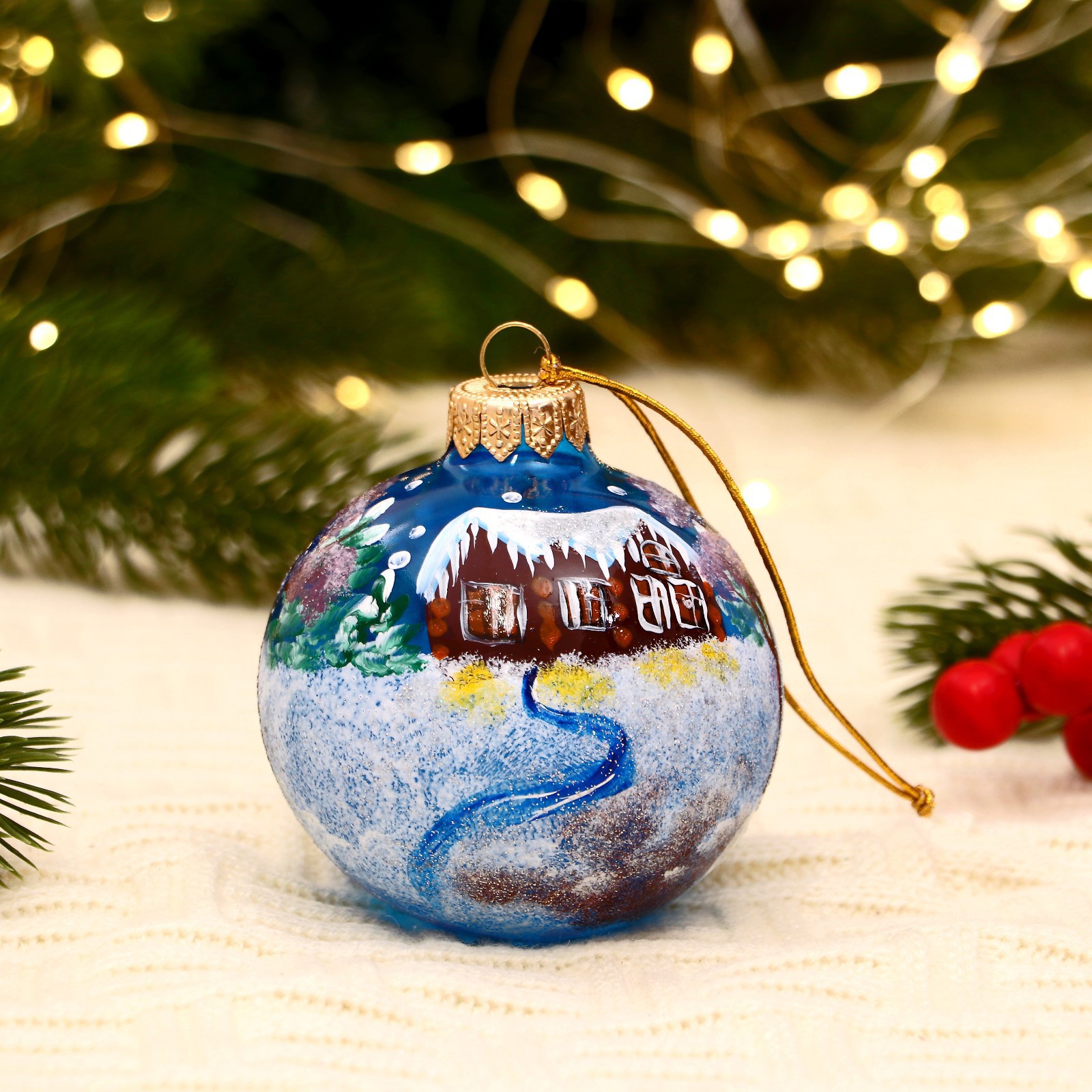 Изображение товара Стеклянный елочный шар EVIS 5227209 Зимняя ночь 8 см с ручной росписью, синий