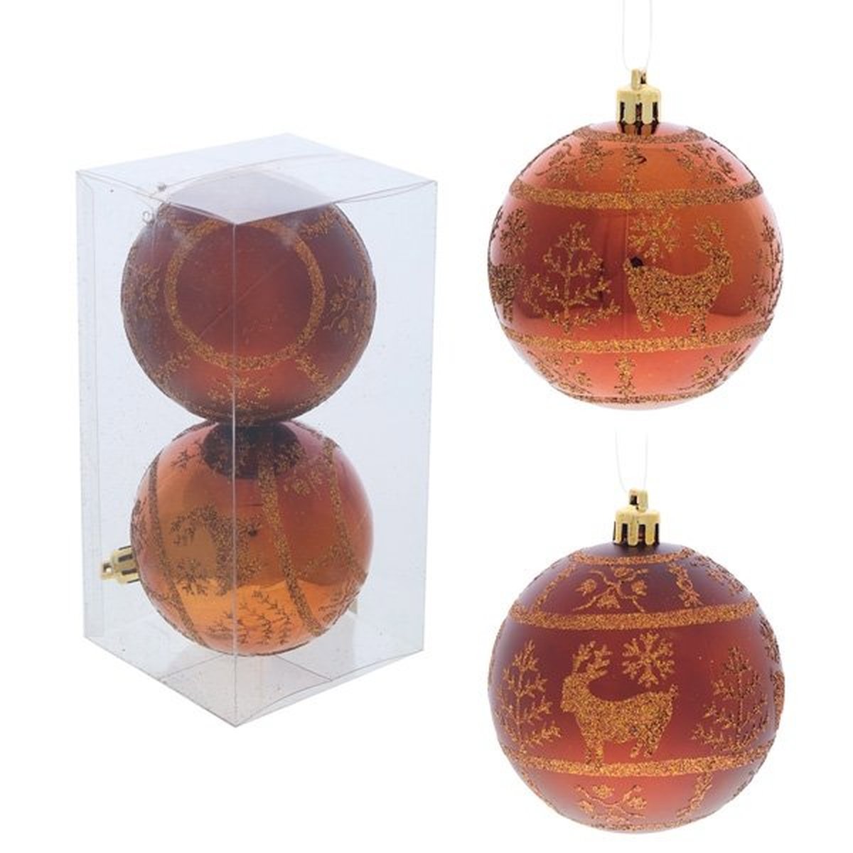 Изображение товара Набор елочных шаров No name 238109 Северный олень 8 см пластик оранжевый / медный 2 шт