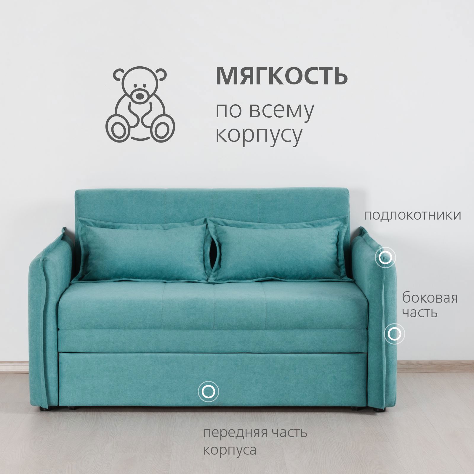 Изображение товара Раскладной диван Смайл 143x83x83см бирюзовый из полиэстера для гостиной и детской