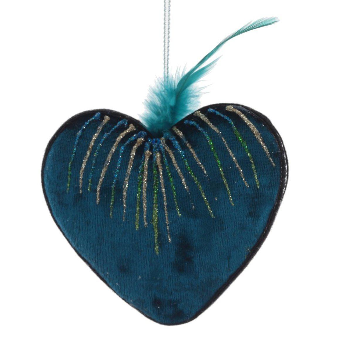 Изображение товара Елочная игрушка Сердце 8.5 см синий бархат перья глиттер праздничный декор